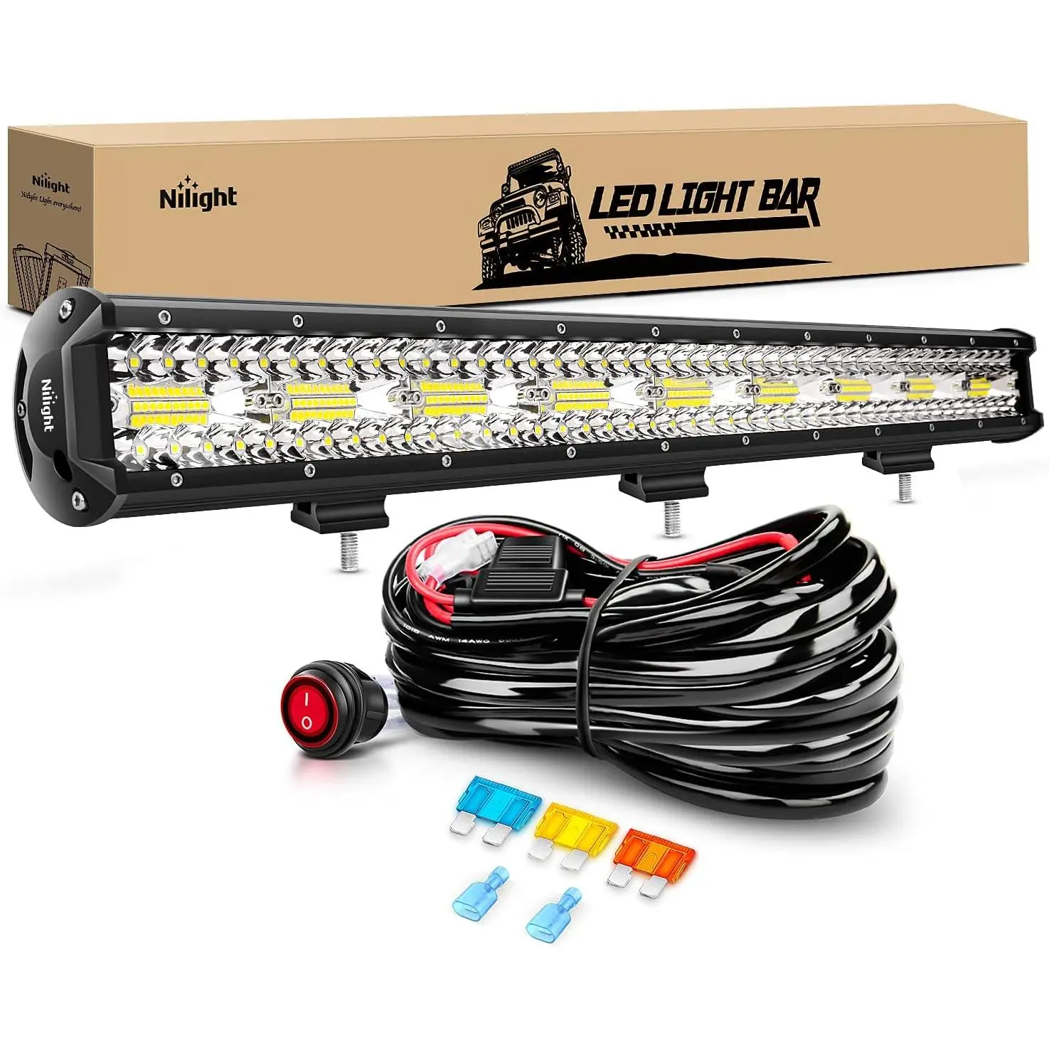 Nilight 26In 540W Triple Row Aluminum LED Light Bar, 50000LM Flood-Spot Combo Beam Off-Road Driving Lights with 14AWG Heavy-Duty Harness & Sliding Mount, High Illumination for Trucks, Jeeps
