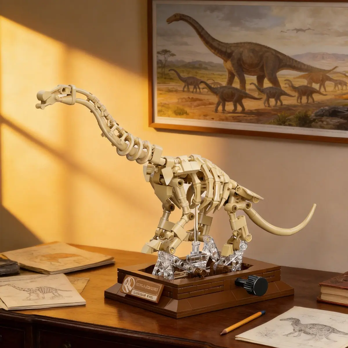 Museum dinosaur skeleton fossil assembly building block model, Spinosaurus/Brachiosaurus model collectible display, creative movable mechanical linkage design, a surprising birthday gift for kids and a party gift for Halloween and Christmas