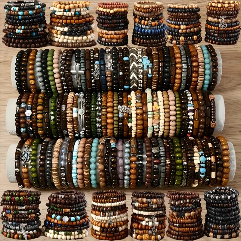 Women's Vintage Western Wooden Bead Bracelets Matching Sets - 22/33/40Pcs Mixed Packs, Multi-Layer Assorted Colors, Mixed Charms, Summer Casual Everyday Wear Jewelry, Ideal Holiday Gift