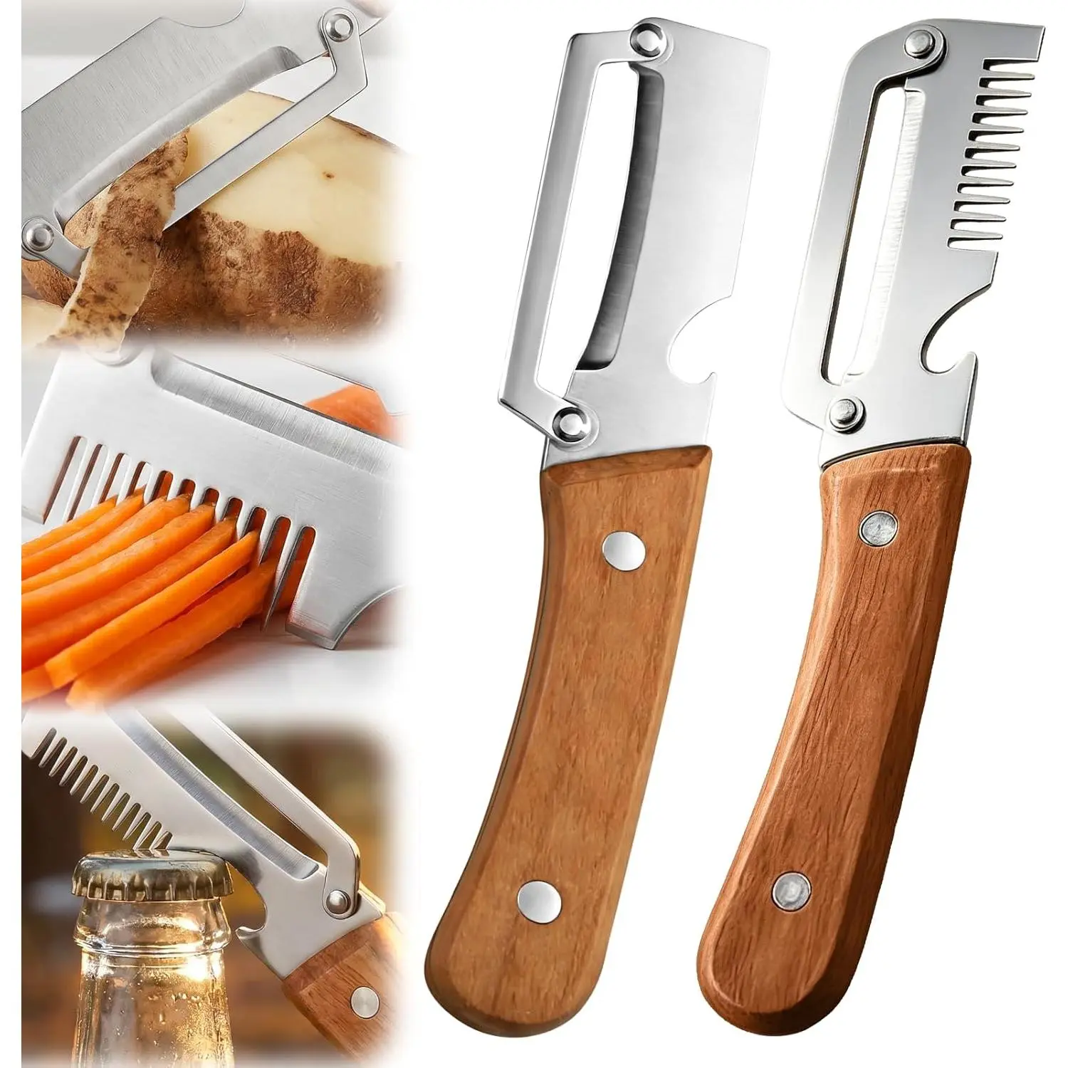 2026 Upgrade Vegetable Peeler and Julienne Peeler Set, Stainless Steel Vegetable Peelers for Kitchen with Wood Handles and Bottle Opener, 2-Pcs Multifunctional Vegetable Peeler Set sugar cane