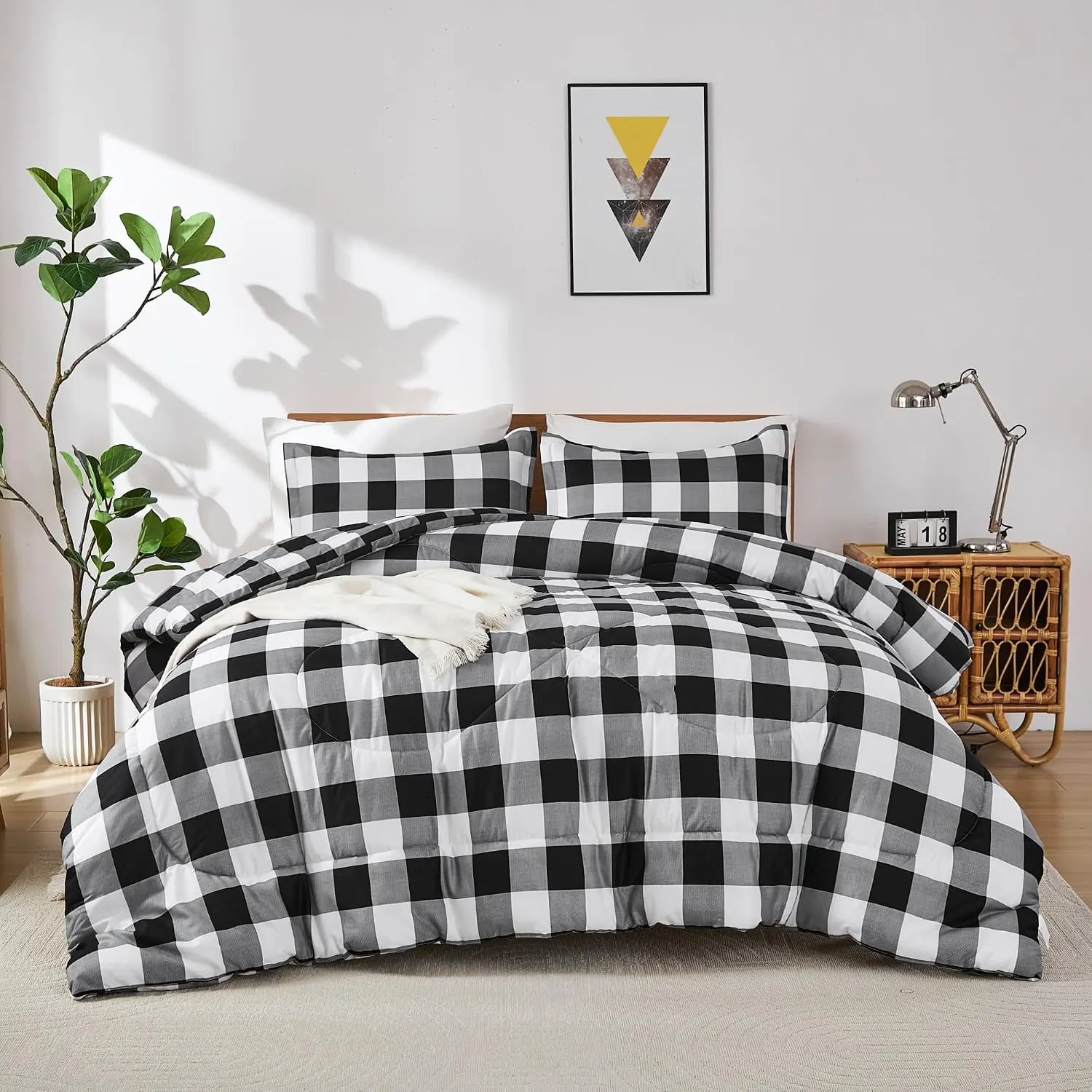 Black White Gray Gingham Checkered Comforter Set  (66"x90")
