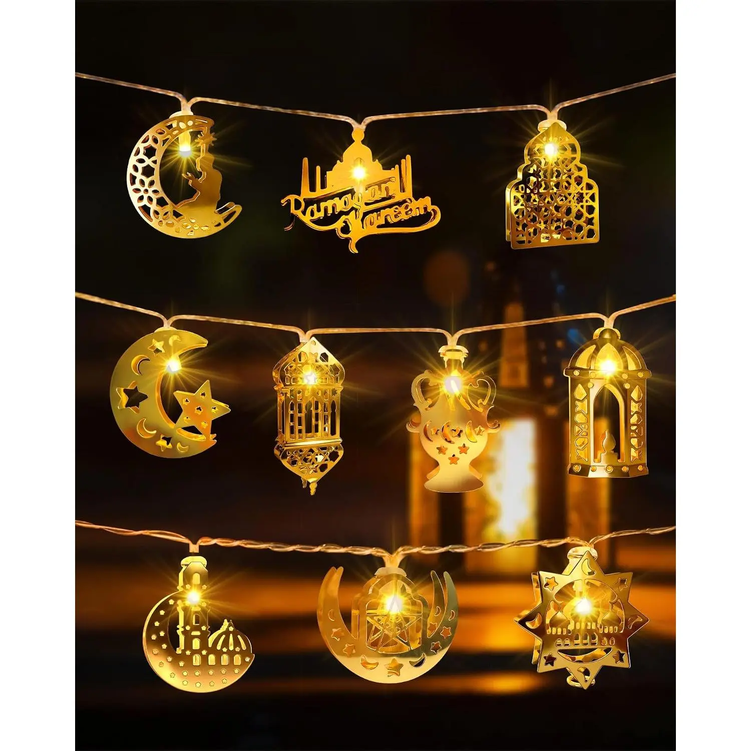 Ramadan Eid Mubarak Lights, 10 LED  Operated Eid Mubarak Lights with Metal Moon  Lantern Ramadan Kareem, Islamic  Decor for Bedroom Mantle Window Tree Fireplace Party