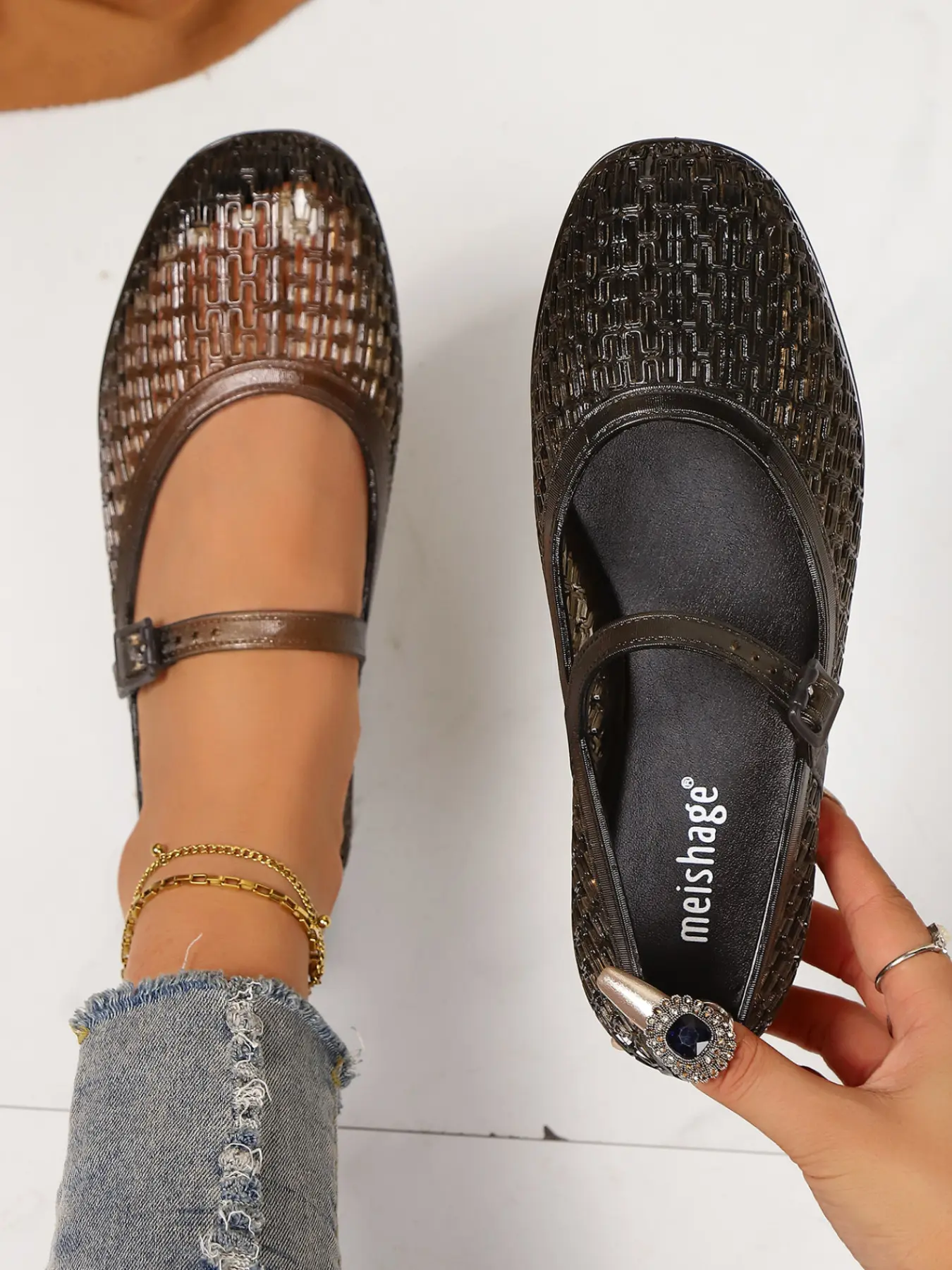 Women's Hollow Woven Jelly Square Toe Mary Jane Ballet Flats, Adjustable Buckle Strap Sandals with Breathable PVC Upper & Non-Slip Rubber Sole, Vintage Solid Summer Shoes for Daily Commute, Outdoor Strolls & Beach Vacations Walking Shoes, Ballerina Flat