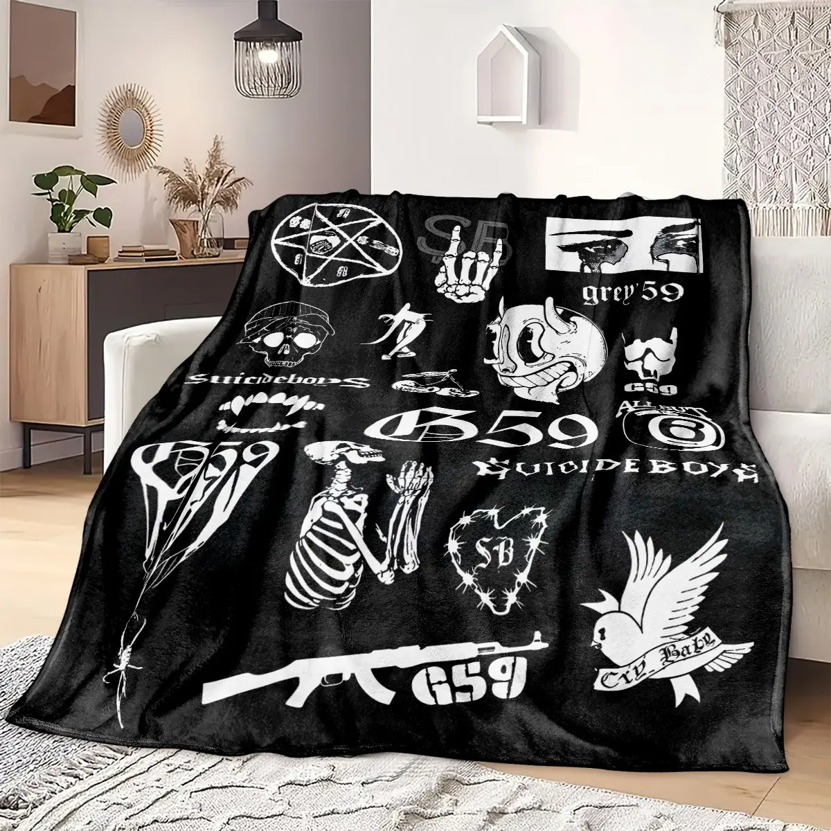 1pc uicideboy G59 Dark Tattoo-style Fleece Blanket, Black & White Skull & Devil Elements Collage Print, Street Goth Subculture Style, Soft Warm Throw for Sofa, Bed, Blanket Gifts, Ideal Gift for Halloween, Christmas