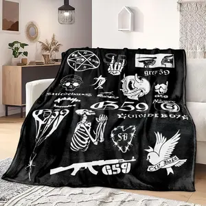 1pc uicideboy G59 Dark Tattoo-style Fleece Blanket, Graphic Throw Blanket, Black & White Skull & Devil Elements Collage Print, Street Goth Subculture Style, Soft Warm Multi-use Throw for Sofa, Bed, Camping, Ideal Gift for Halloween, Christmas & New Year