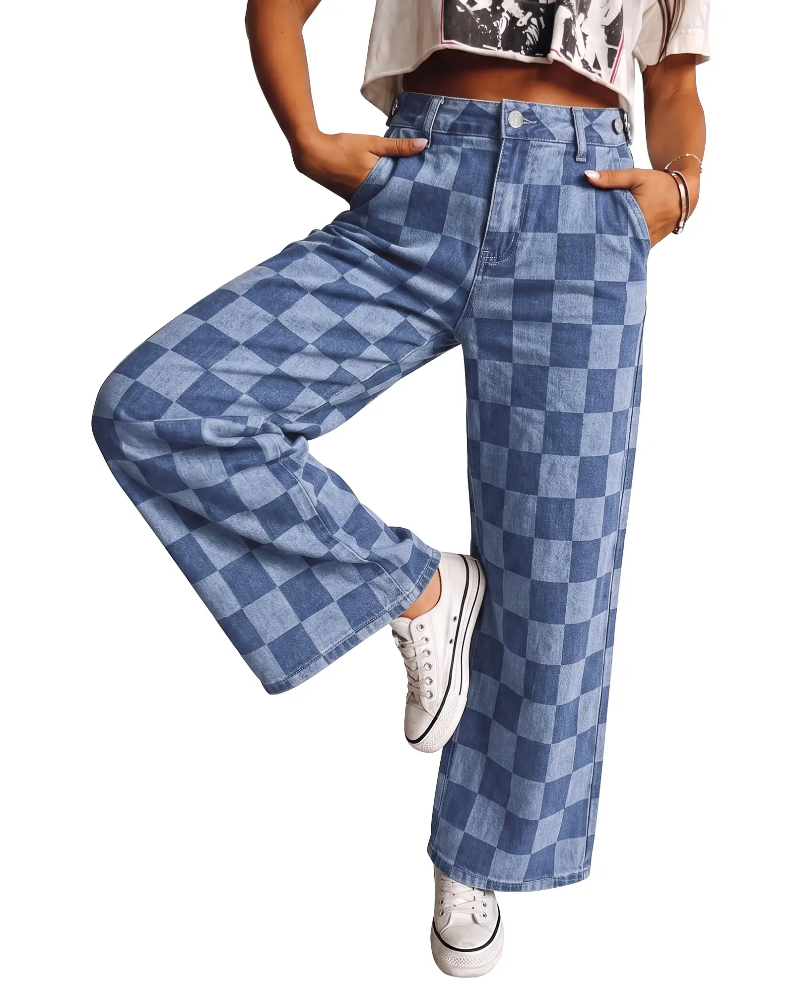 luvamia Checkered Pants Women High Rise Cinch-Waist Stretchy Wide Leg Jeans | Adjustable Waist, Patterned Pants for Women, Baggy Jeans Y2K, Checkerboard Print, Alternative Clothes