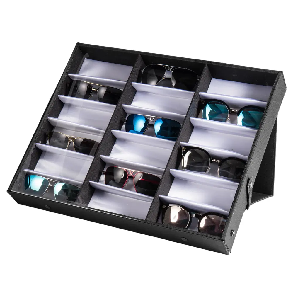 18 Pairs Sunglasses Organizer Display Case - Black Storage Box with Flip Top & Soft Lining