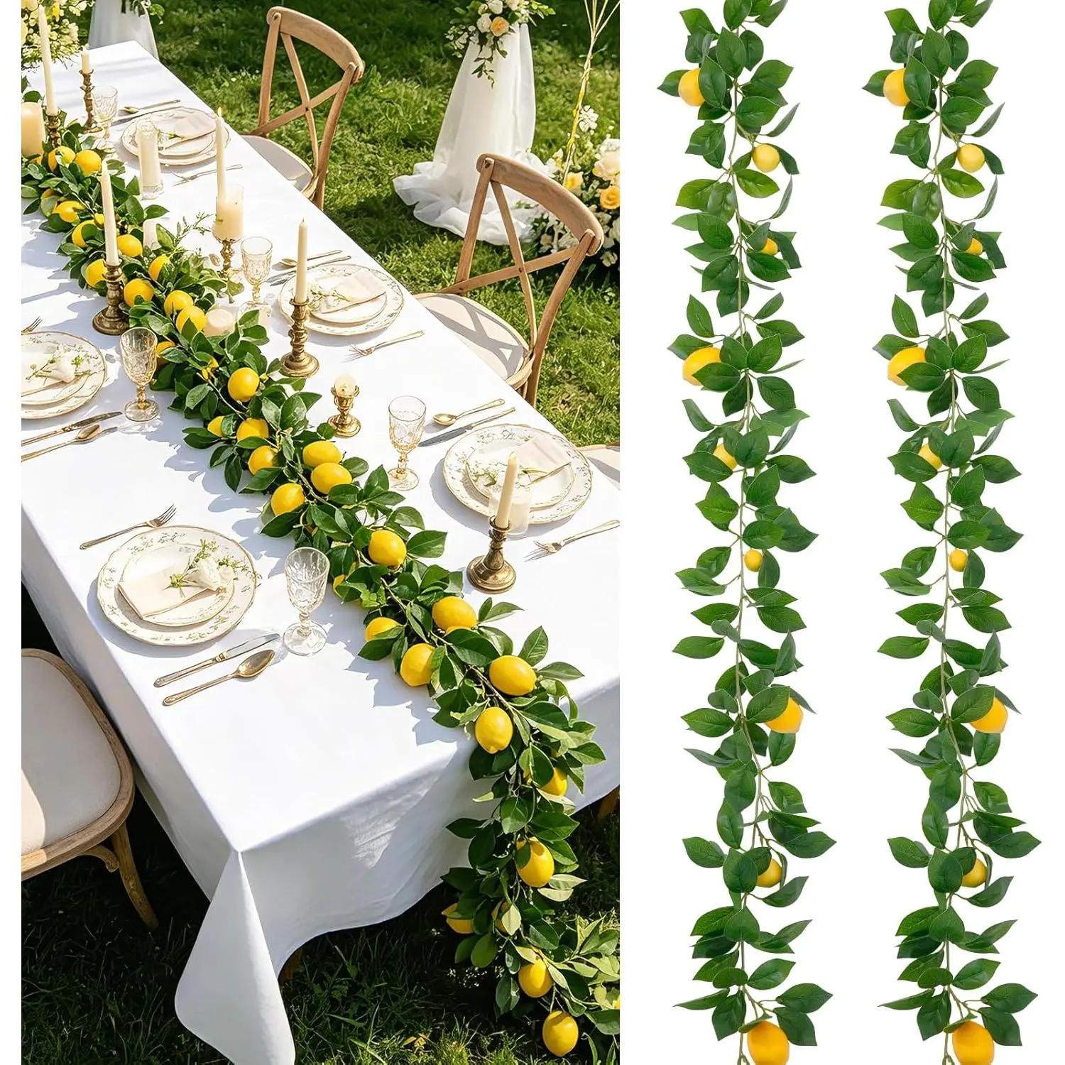 2Pcs Artificial Lemon Vine Garland with Fruits, 12FT Lifelike Yellow Lemon Vines, Faux Greenery for Wedding Home Wall Decor, Indoor Outdoor Hanging Kitchen Bathroom Party DIY