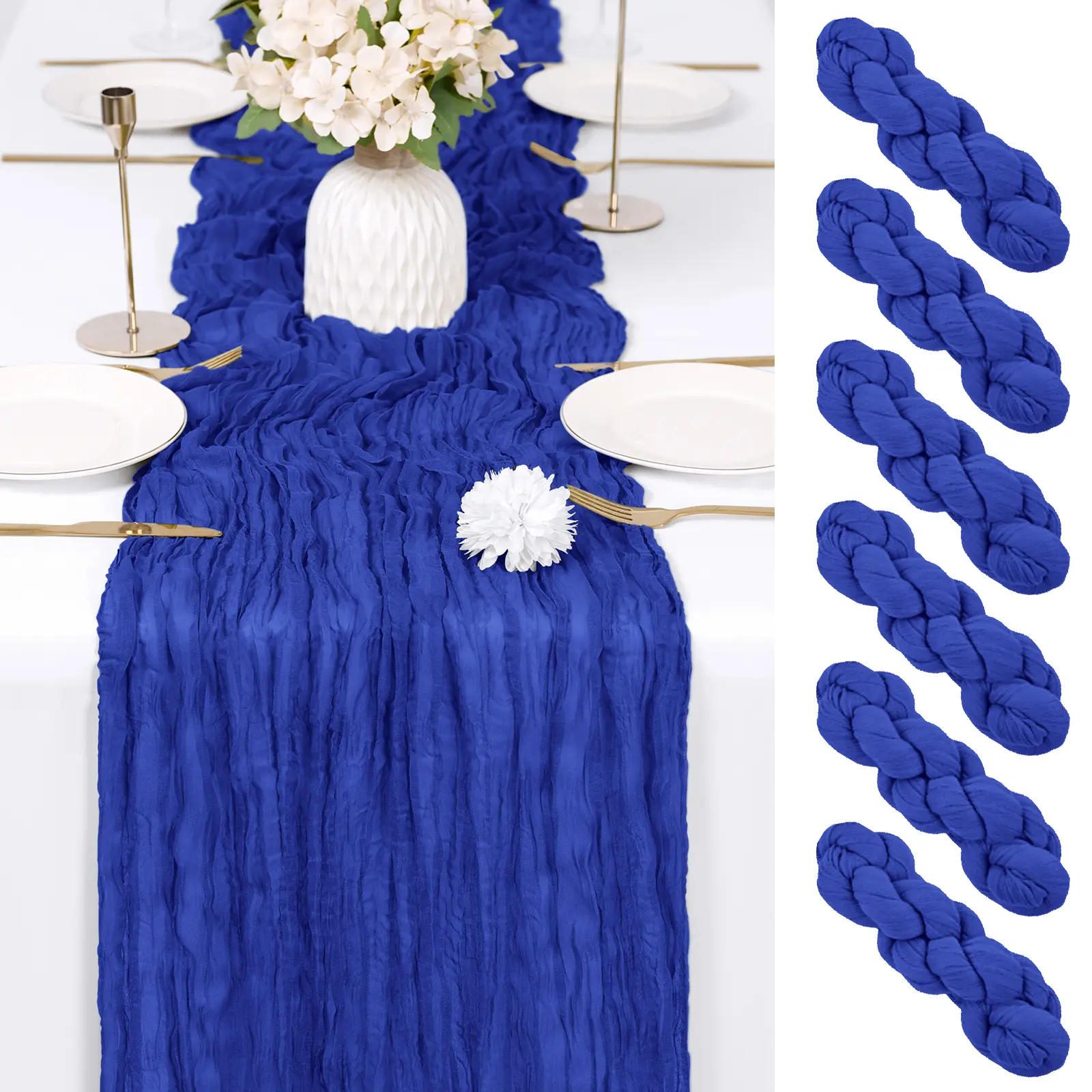Royal Blue, Light Pink, Dusty Blue Soft Polyester Pleated Gauze Cheesecloth Table Runner (6/12 Pack, 17x108 in) - Semi-Sheer, Rustic Boho, Durable, Exquisite Edges, Machine Washable, Romantic Vibe for Wedding, Baby Shower; Note: Avoid Direct Sunlight, Rom