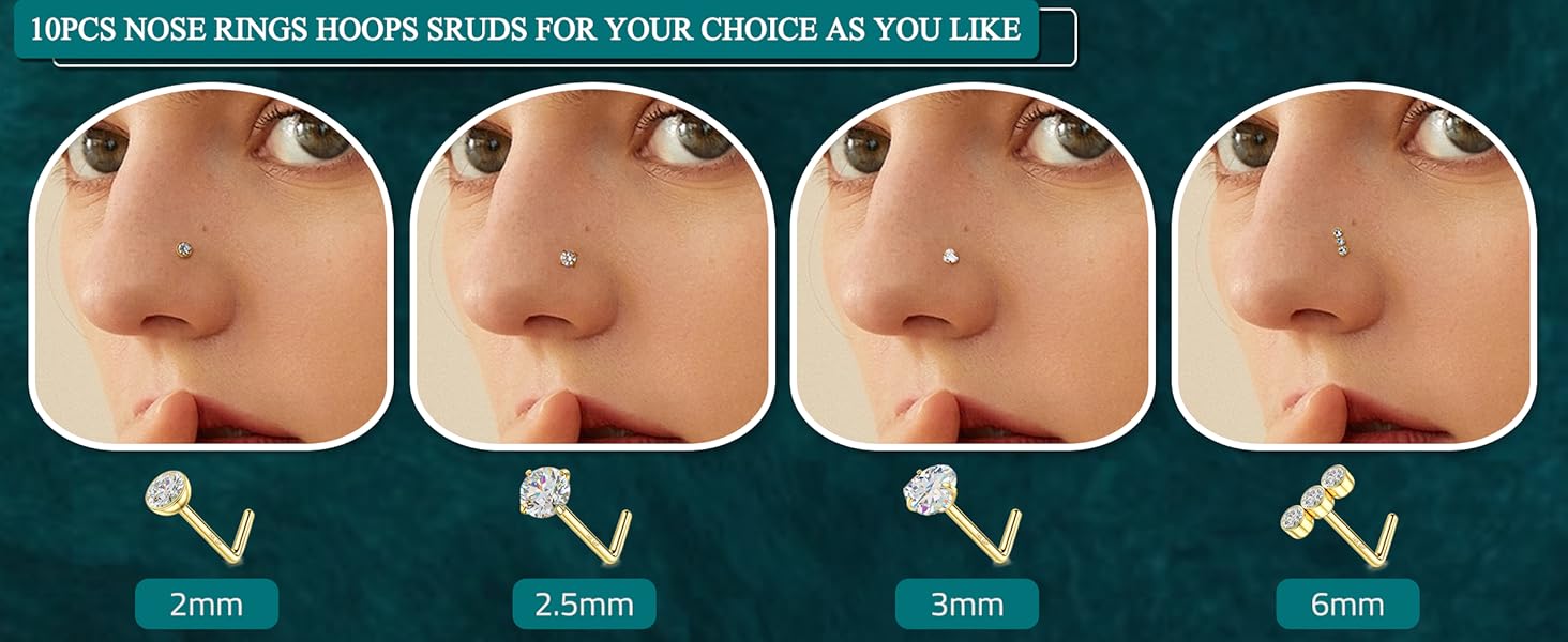 BESTEEL 14K Gold Plated Nose Ring Studs 20G Nose Rings Hoops Stud 316L Stainless Steel Nose Rings Round CZ Heart Simulated Diamond L Shaped Nose Stud Hypoallergenic Nostril Piercing Jewelry for Women Men 10Pcs