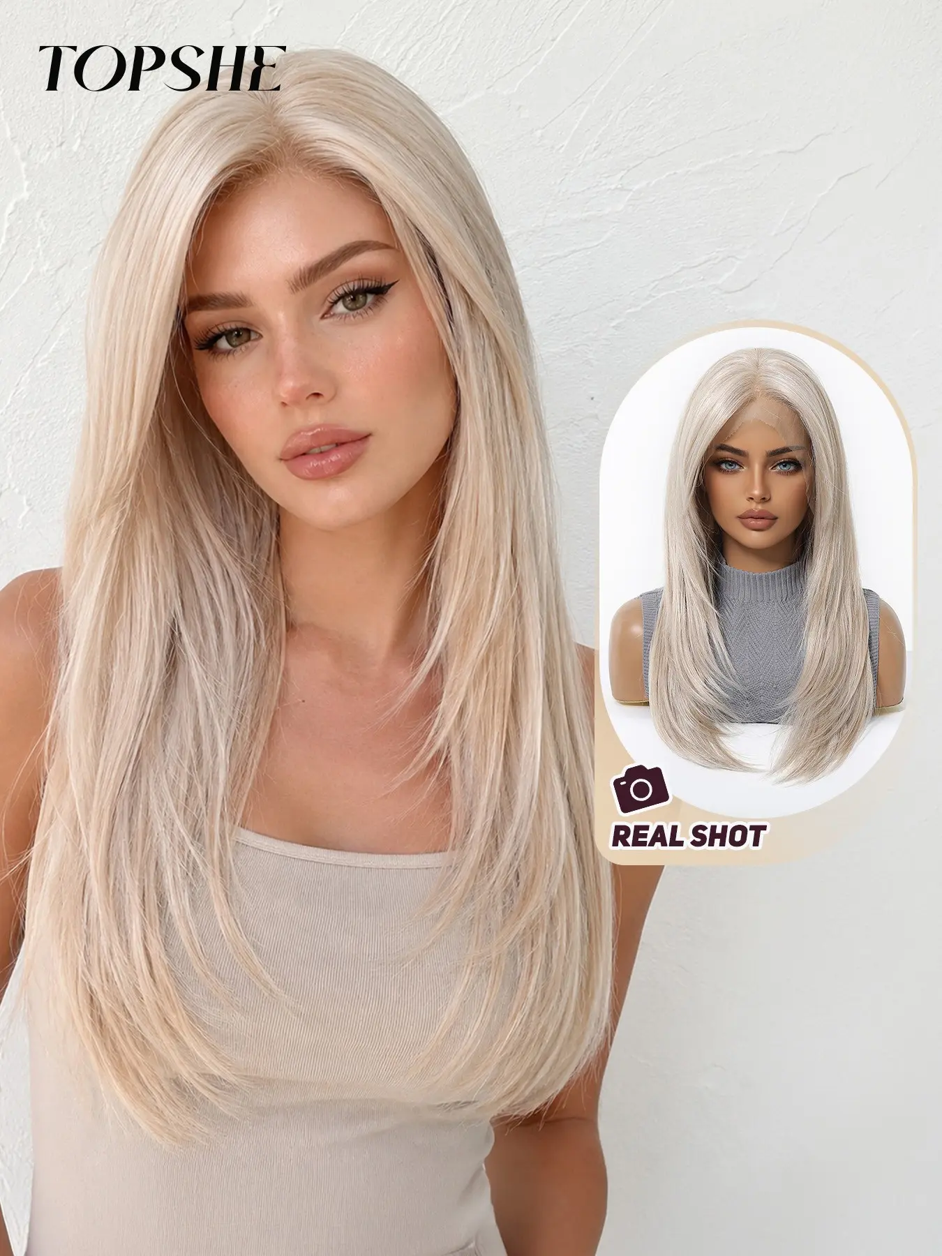 Topshe High-Quality Ice Platinum Gold Fiber Lace Front Wig, 22 Inches Layered Straight Hair, Soft Touch, Natural Part, Women's Party Wig, Natural Looking Wig