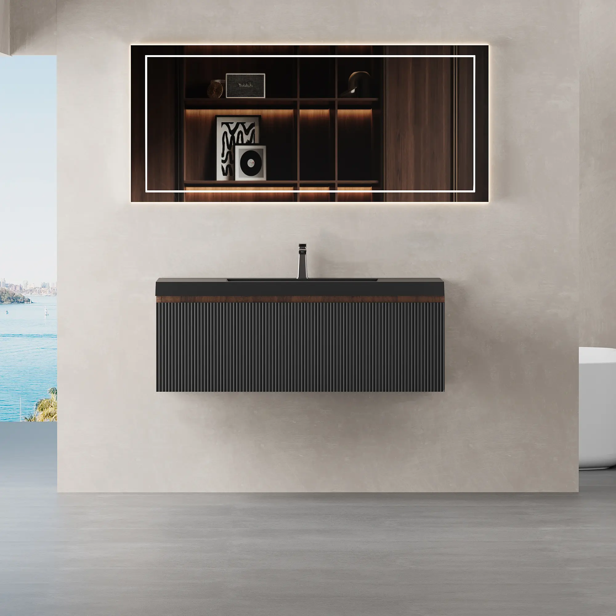 42-Inch Floating Mount Bathroom Vanity with Sink, Wall-Mounted Striped Storage Cabinet, Soft-Close Drawers, Black Quartz Sand Basin, Smoked Walnut Engineered Wood, Fully Assembled Modern Furniture (19.69W x 41.93D x 15.75H in), Wall Cabinet