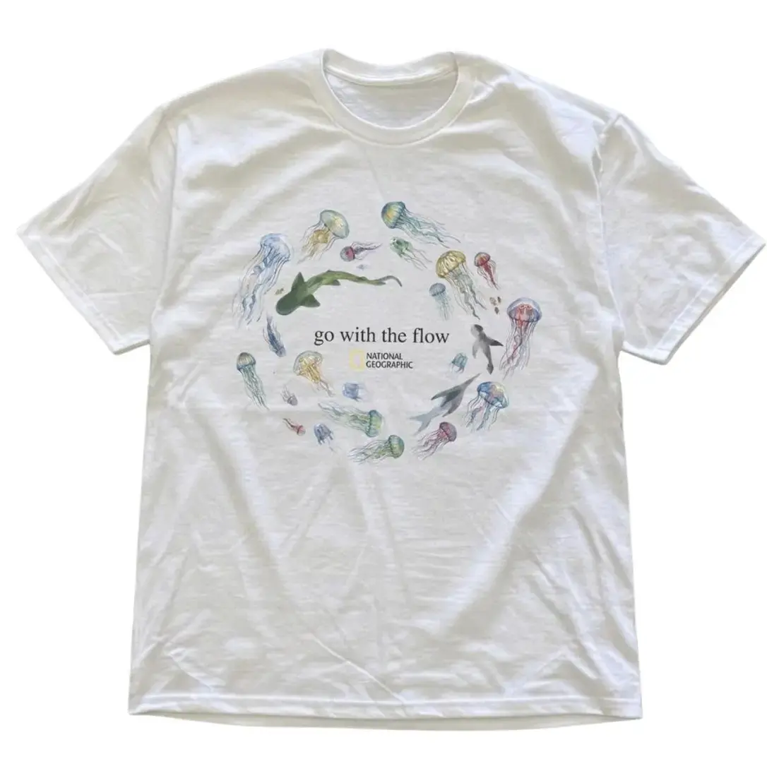 Sharks and Jellyfish 'Go With The Flow' T-Shirt, Ocean Shirt, Animal Tee, Gifts Shirt, Unisex Vintage Graphic Tees Gothic Grunge Y2k Emo Scene Amity Affliction Style Clothes Men Women Streetwear