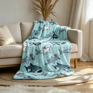Flannel Throw Blanket Modern Shark Whale Ocean Design, Flannel Cozy Blanket Soft Animal Theme Decorative Blanket Multi-Purpose Sofa Bed Car Outdoor Garden Decor Gift Home Decoration Accessories Animal Blankets