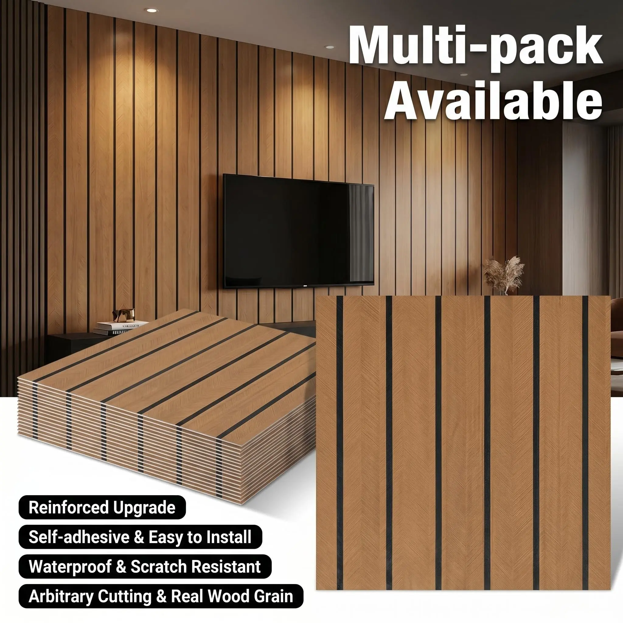 Multi-Pack Faux Wood Slat Wall Panels, Peel And Stick Panels For Walls, Self Adhesive No Drill, Easy Install Waterproof Wall Covering, Modern TV Background Wall Makeover