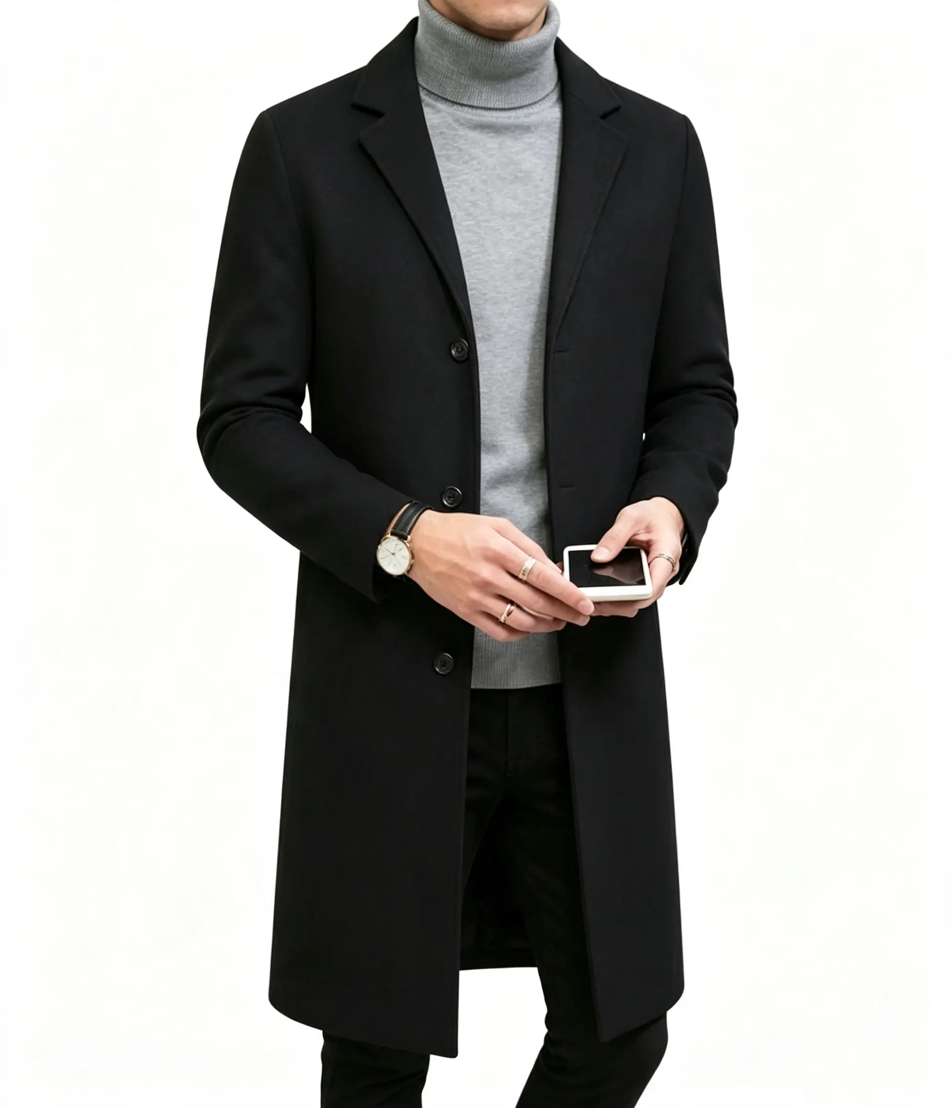 2026 Men's Long Over-the-Knee Fashionable Trench Coat, Outdoor Casual Party Gathering Visiting Friends Dating, Single-Breasted Slim Fit Solid Color Men's Overcoat