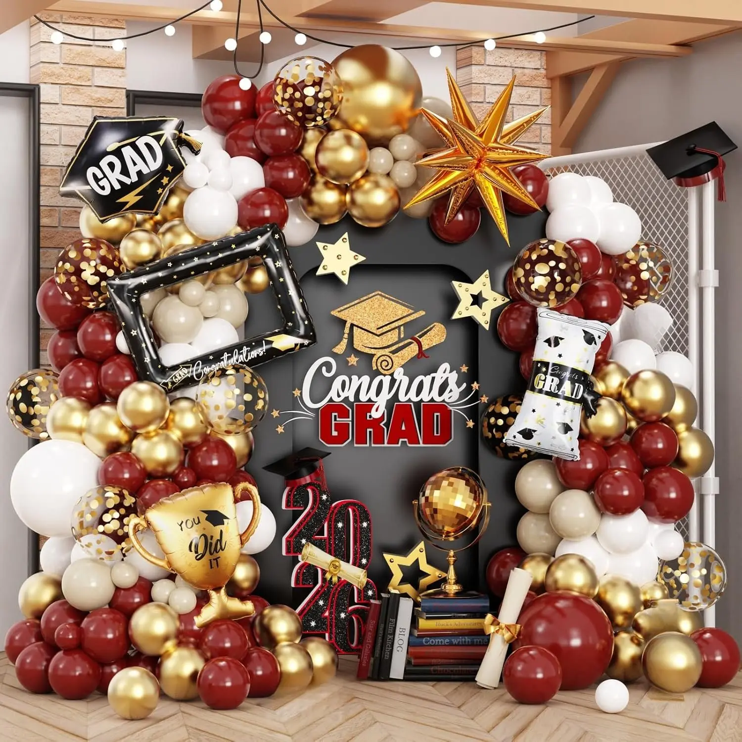 141 count   White Graduation Balloon Garland Arch Kit,with Explosion ,Diploma,Trophy,Grad Hat,Photo Frame Foil Balloon for Congrats Class of 2026 Graduates Celebration Party Decoration