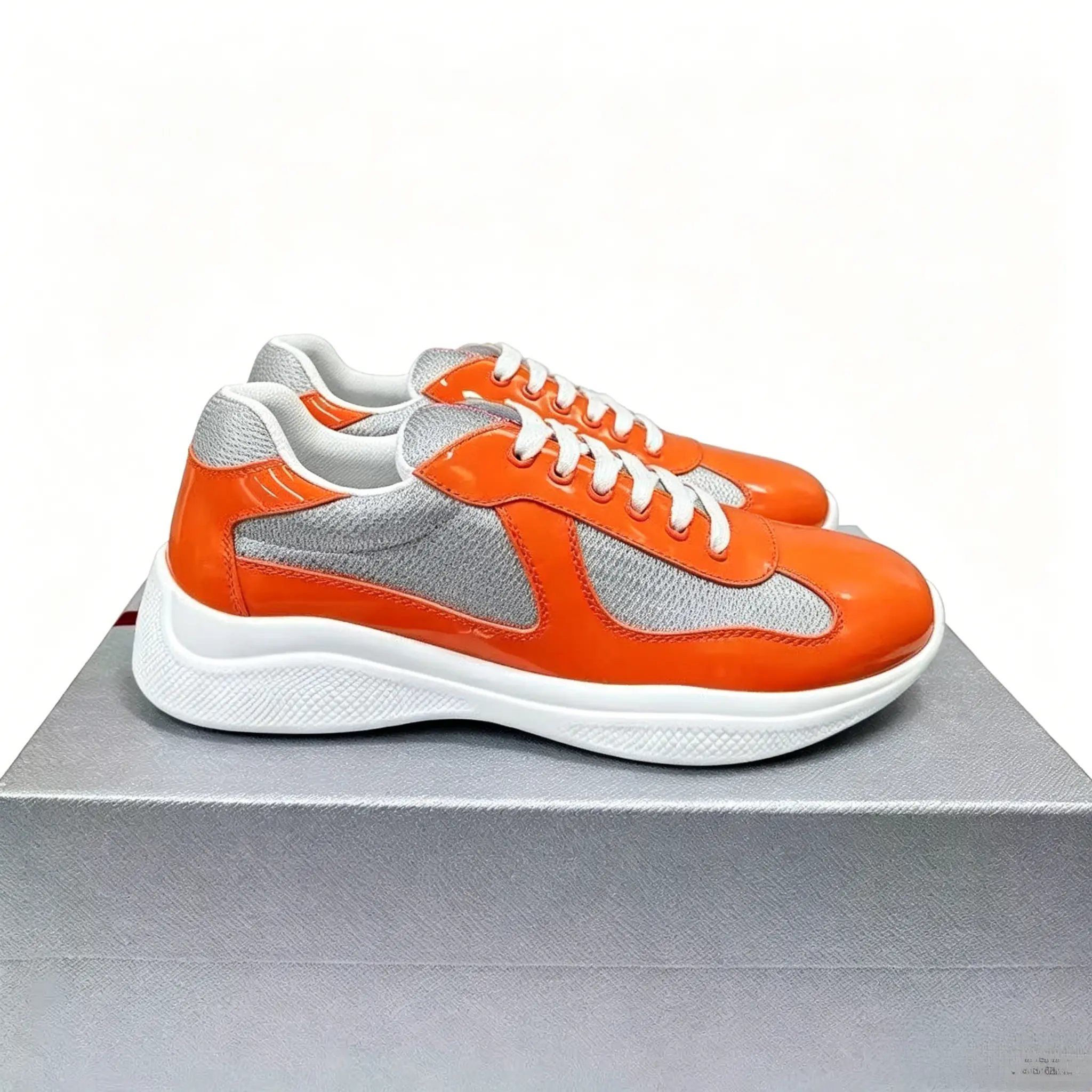 Orange Patent Leather Sneakers glossy bright orange with gray mesh shoes breathable orange gray sneakers for summer unisex orange gray sneakers for daily wear Unisex Platform Sneakers Orange Gray Patent Leather Mesh Breathable Lightweight W