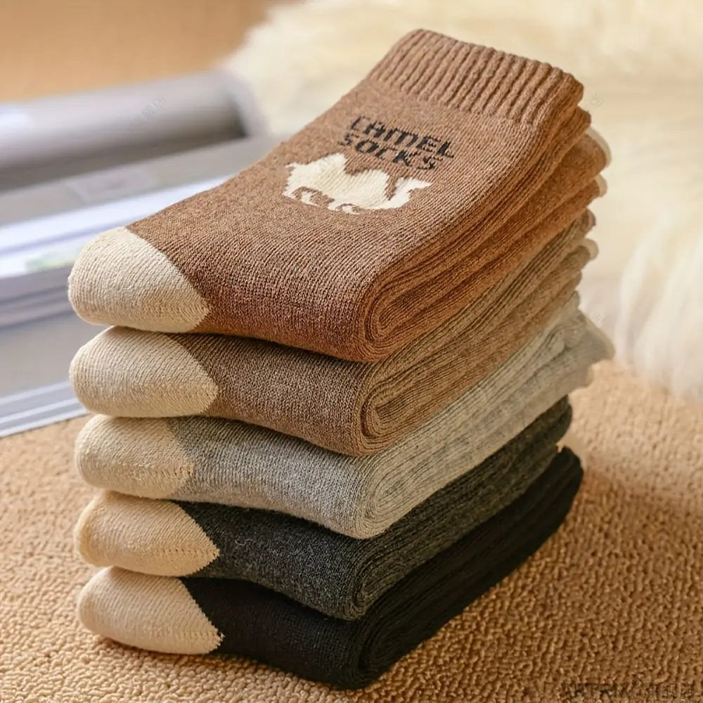 5 pairs of thick neutral socks - comfortable and warm winter home, hiking and skiing socks, soft and durable ribbed pocket socks, multi-color set - essential holiday comfort socks, simple design, holiday gifts, Christmas gifts, Halloween gifts