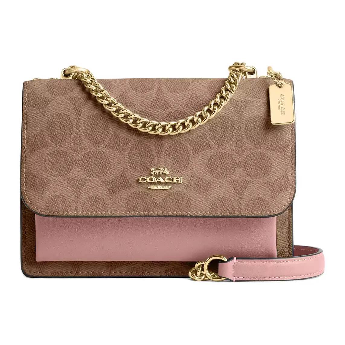 COACH Klare Small Crossbody Bag for Women – Coated Canvas with Logo Snap Closure in Tan and Pink