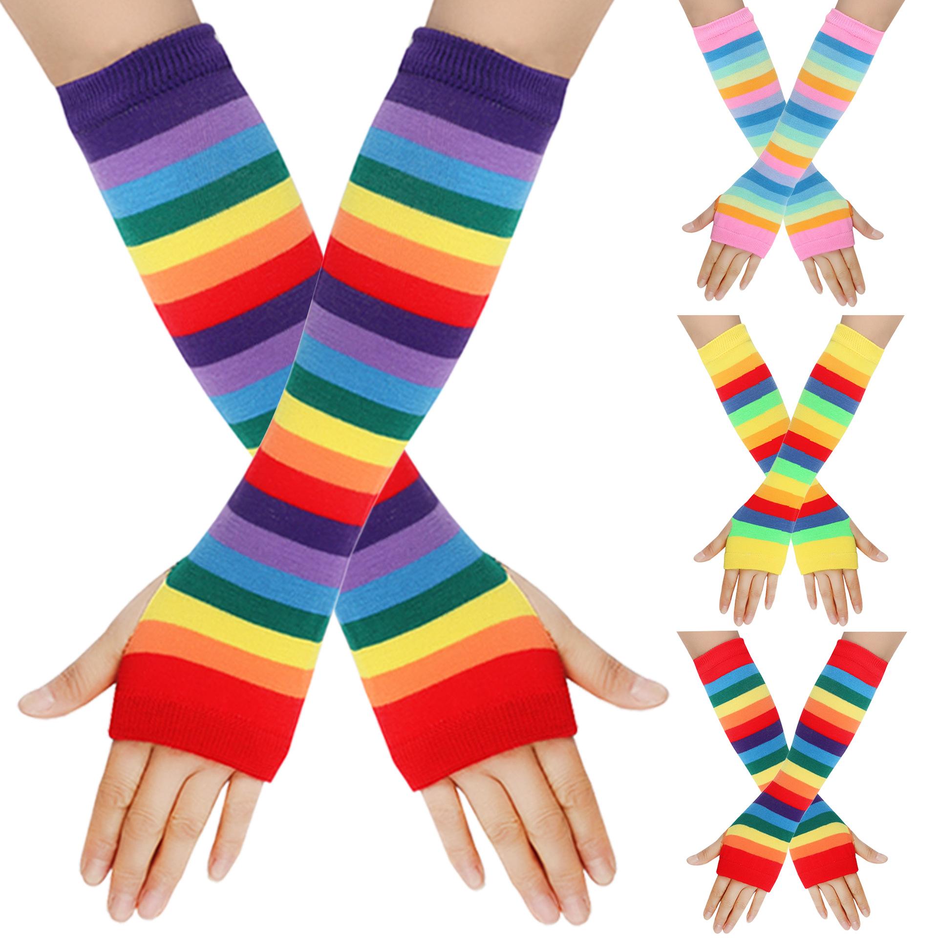 Rainbow Knitted Gloves Colorful Striped Long Sleeves Soft Stretchy Warm Handwear LGBTQ+ Pride Month Essential Vibrant Striped Knit Mitts for European & American Pride Parade Music Festival Holiday Party Cosplay Daily Casual Wear Lightweight Durable Fashio