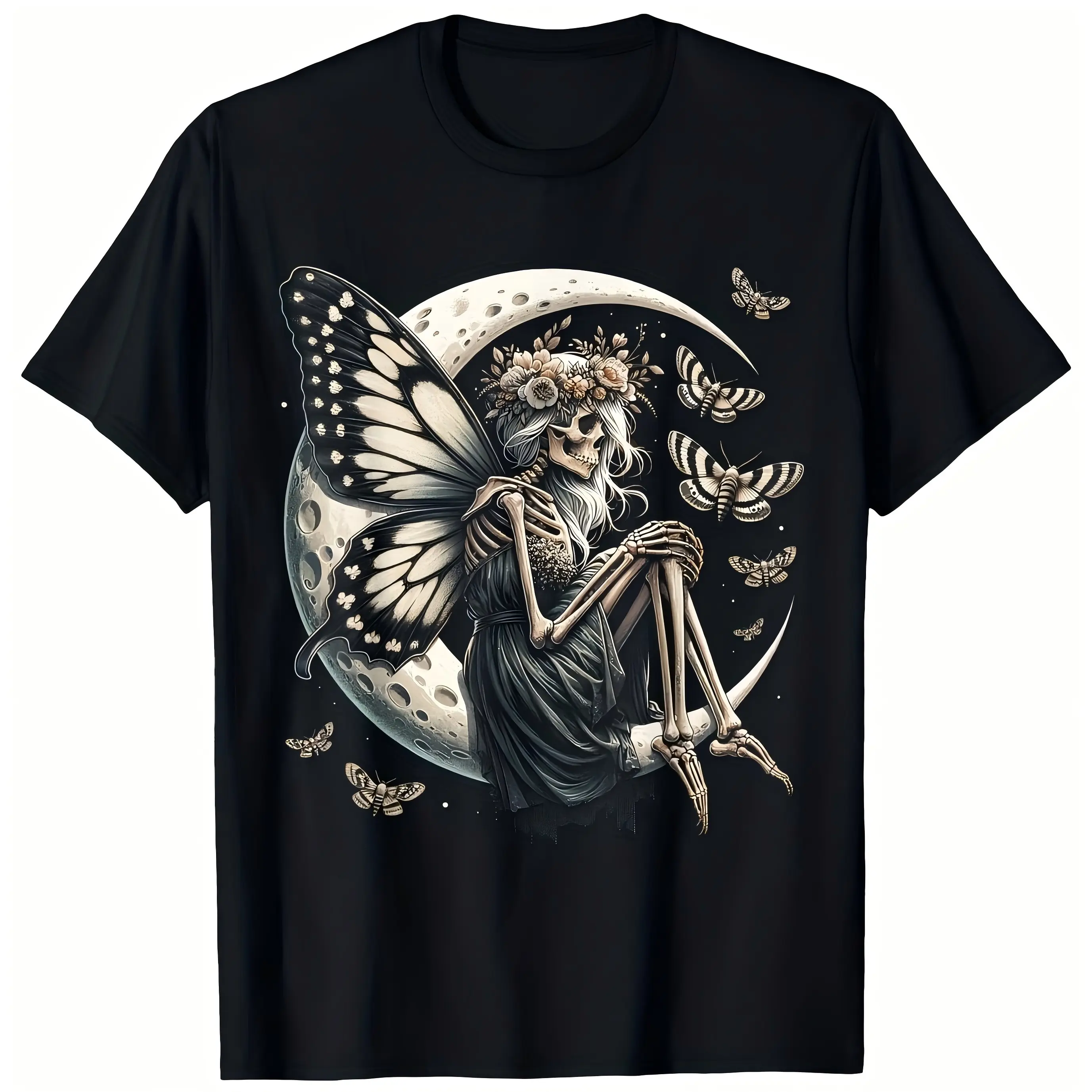 Skeleton Fairy Crescent Moon Moth Floral Graphic T-Shirt for Men & Women - Dark Cottagecore Gothic Witchy Design, Soft Breathable Cotton Crew Neck Short Sleeve, All-Season Summer Spring Casual Tee, Great Everyday Wear & Gift, Machine Washable