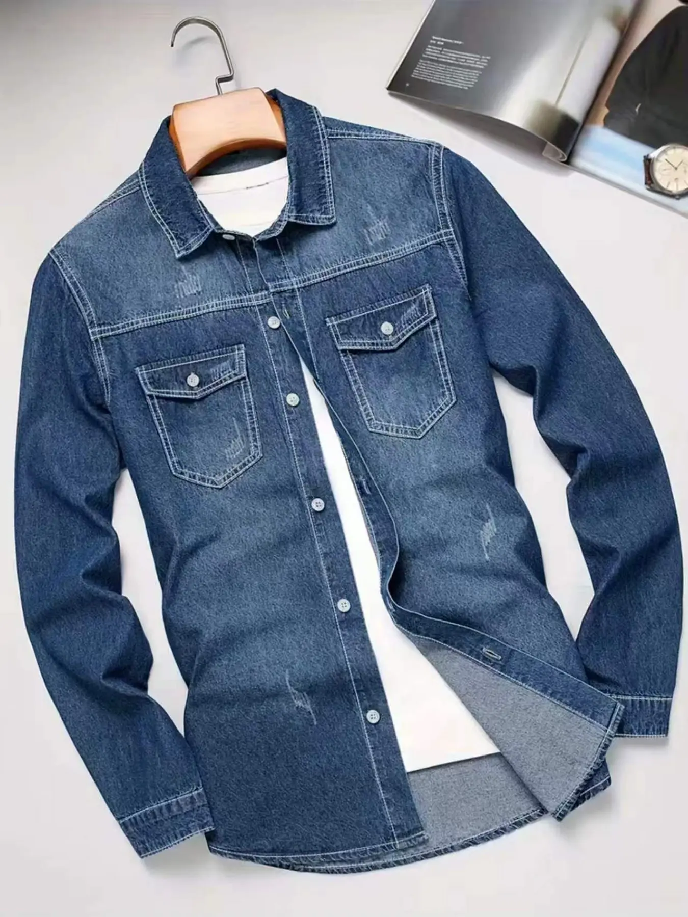 Men's Plus Size Dark Wash Denim Shirt Jacket, Button Front Dual Chest Pockets, Casual Classic Denim Shacket for Daily Commute, Spring Autumn