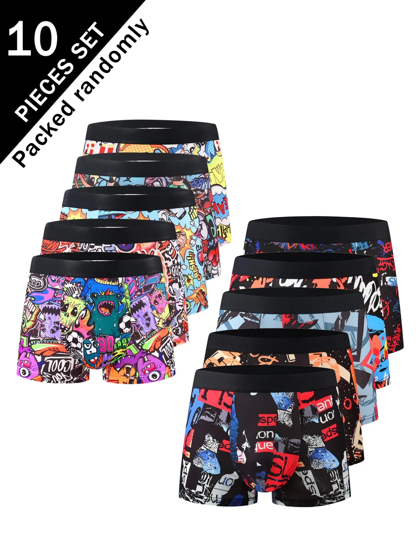 10-Pack Men's Cartoon Graffiti Print Boxer Briefs, Fun Random Patterns, Soft Comfortable, Slim-Fit, Casual Daily Wear, Youth Sports Style, Athletic Boxers Briefs, Novelty Boxer Briefs