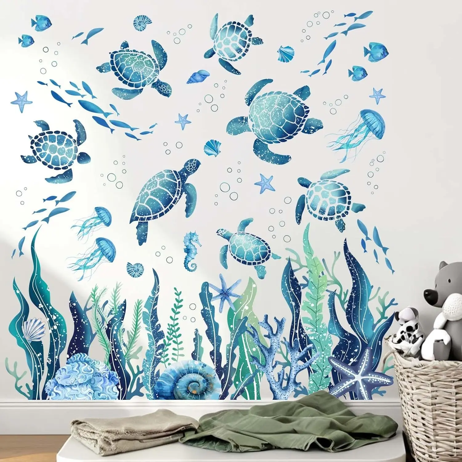 Ocean Sea Turtle Wall Stickers - Under The Sea Marine Theme Seaweed Grass Wall Decals for Baby Nursery, Kids Bedroom, Daycare & Bathroom Decor(Gift)