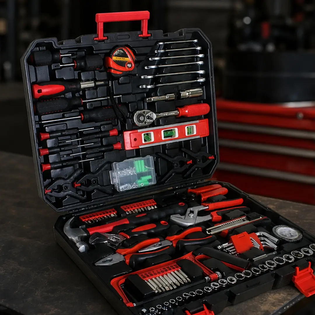 ARCH Black+Red Carbon Steel Tool Box with 238-Piece Tool Set, Portable Hand Tool Kit for Garage, School, Office, Company, On-the-Go Tasks, 13.97x17.91x3.34 Inches, 12.01 lb, Black+Red Color Options, Carbon steel Material, Product Dimensions: 13.97