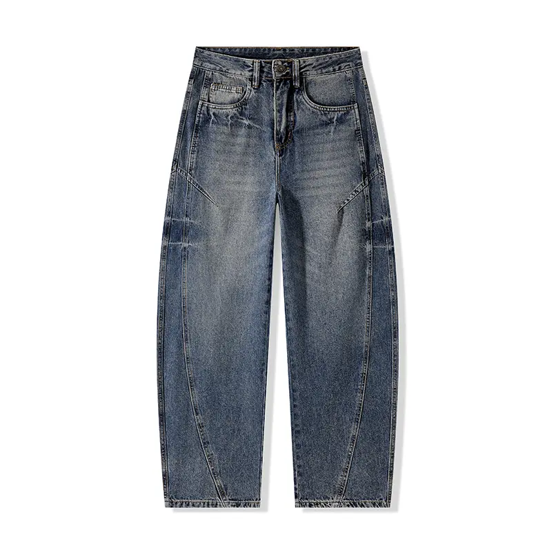 Multi-angle diagonal spliced balloon denim jeans, vintage gradient faded wash, metal button waist closure, thick washed denim fabric, loose baggy balloon silhouette, retro street casual long trousers