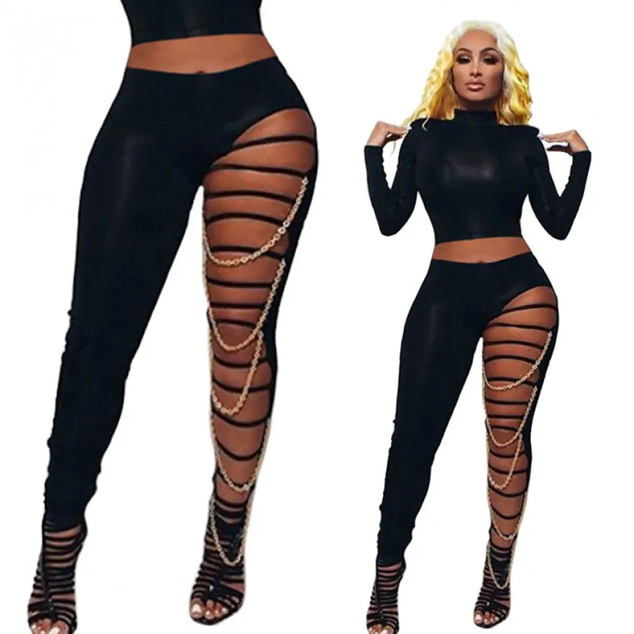 Women’s Skinny Leggings, Sexy Cutout Ripped Mid Waist Full-Length Stretchy Pants with Chain Decor