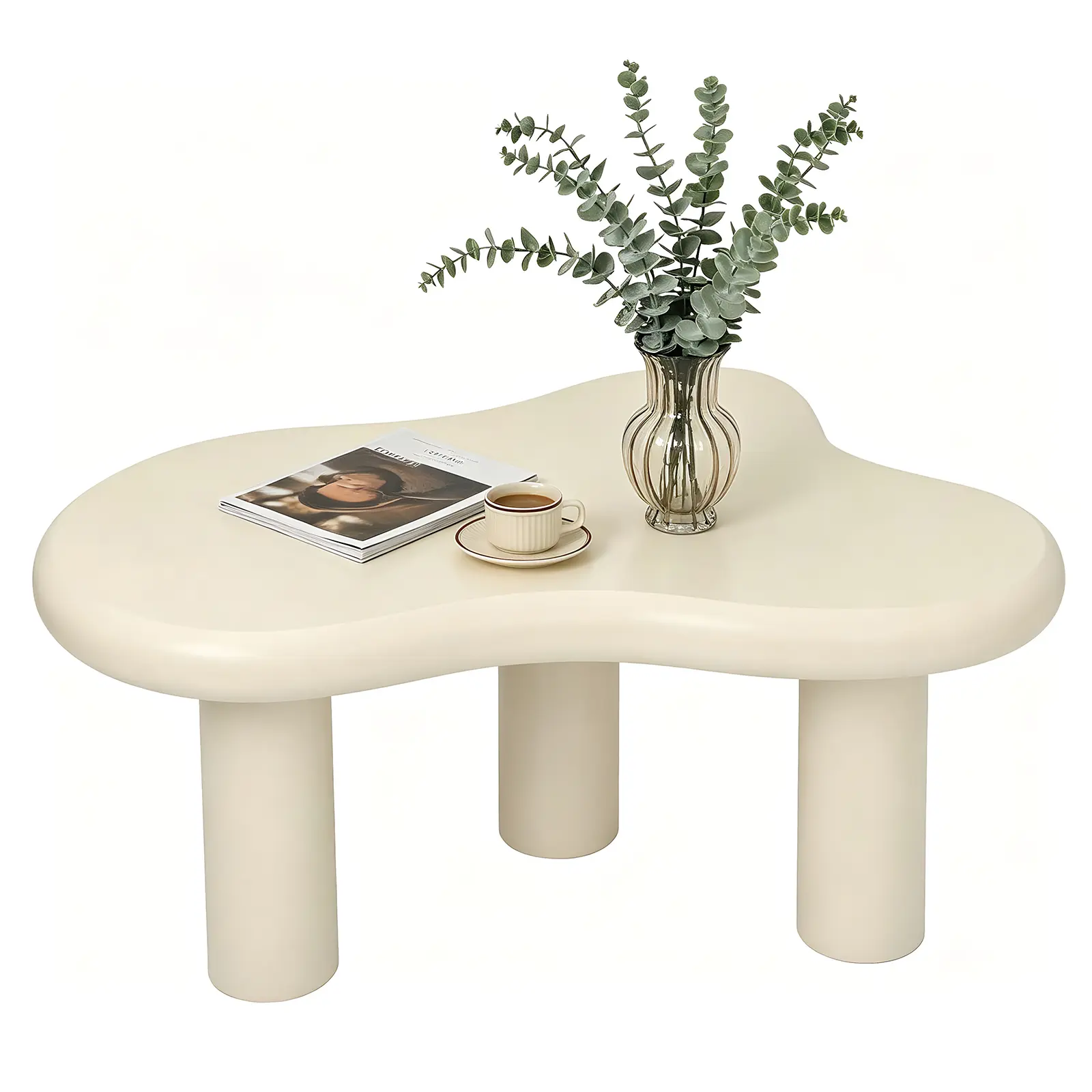 ARCH Cloud Coffee Table Modern Wood Coffee Table for Living Room Accent Center Table with 3 Legs Small Tea Table for Balcony Patio Bedroom Cream White MDF PVC Lacquered Finish Easy Assembly 34x21x15in, White Color Options, MDF/PVC Material