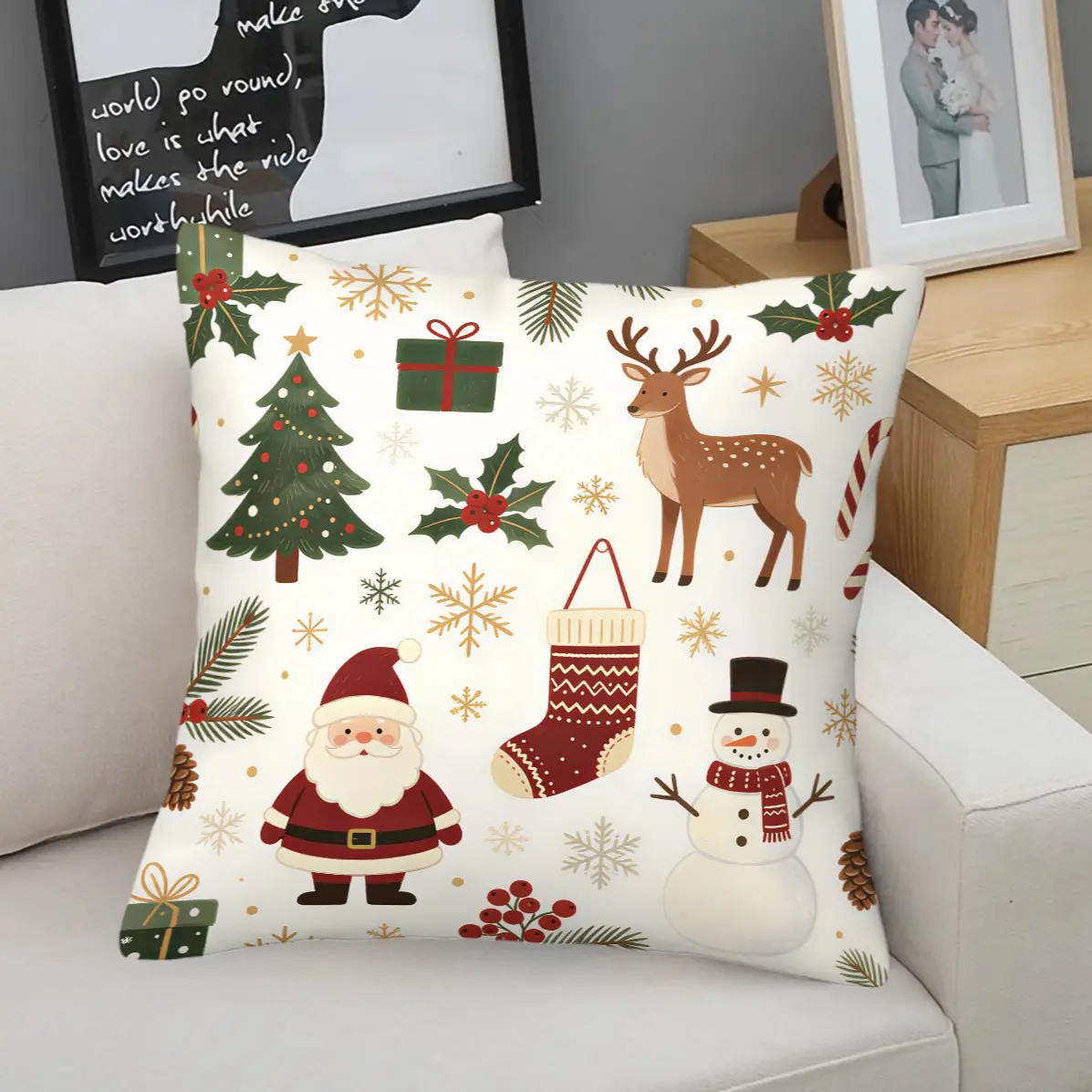 45x45cm 1Pc Macaron Mint Christmas Tree Cute Reindeer Santa Throw Pillow, Washable, Trend Print, Elastic Soft Insert For Soft Holiday Girls Apartment Bedroom Sofa Decor (With Pillow Insert)