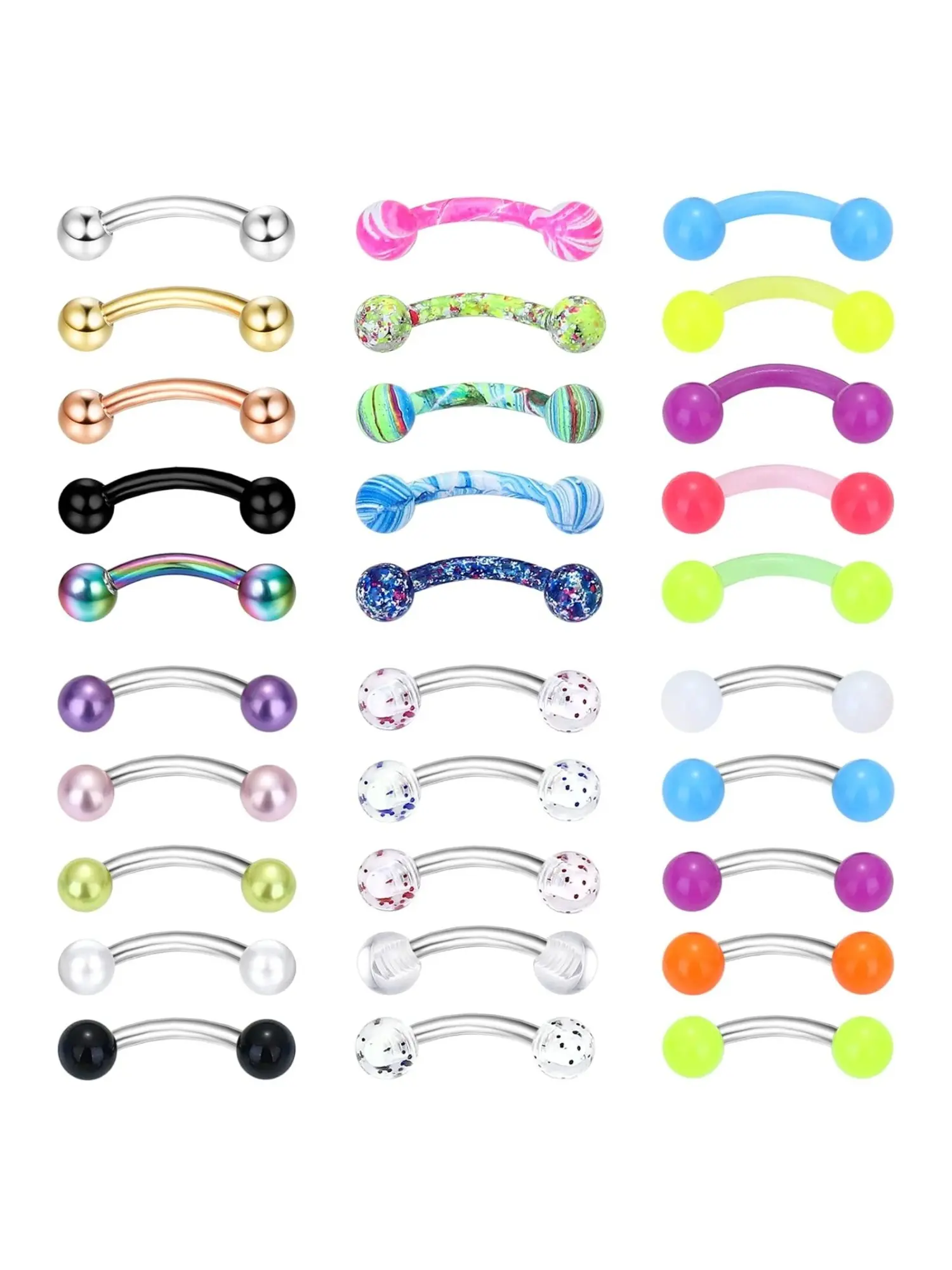 30 Pcs Multicolor Curved Barbell Piercings Hypoallergenic Stainless Steel Solid Curved Barbells for Unisex Marbled Painted Curved Bars Transparent Dotted Balls Versatile Curved Bar Design for Eyebrow Piercing Belly Rings Lip Nostril Daith Piercings