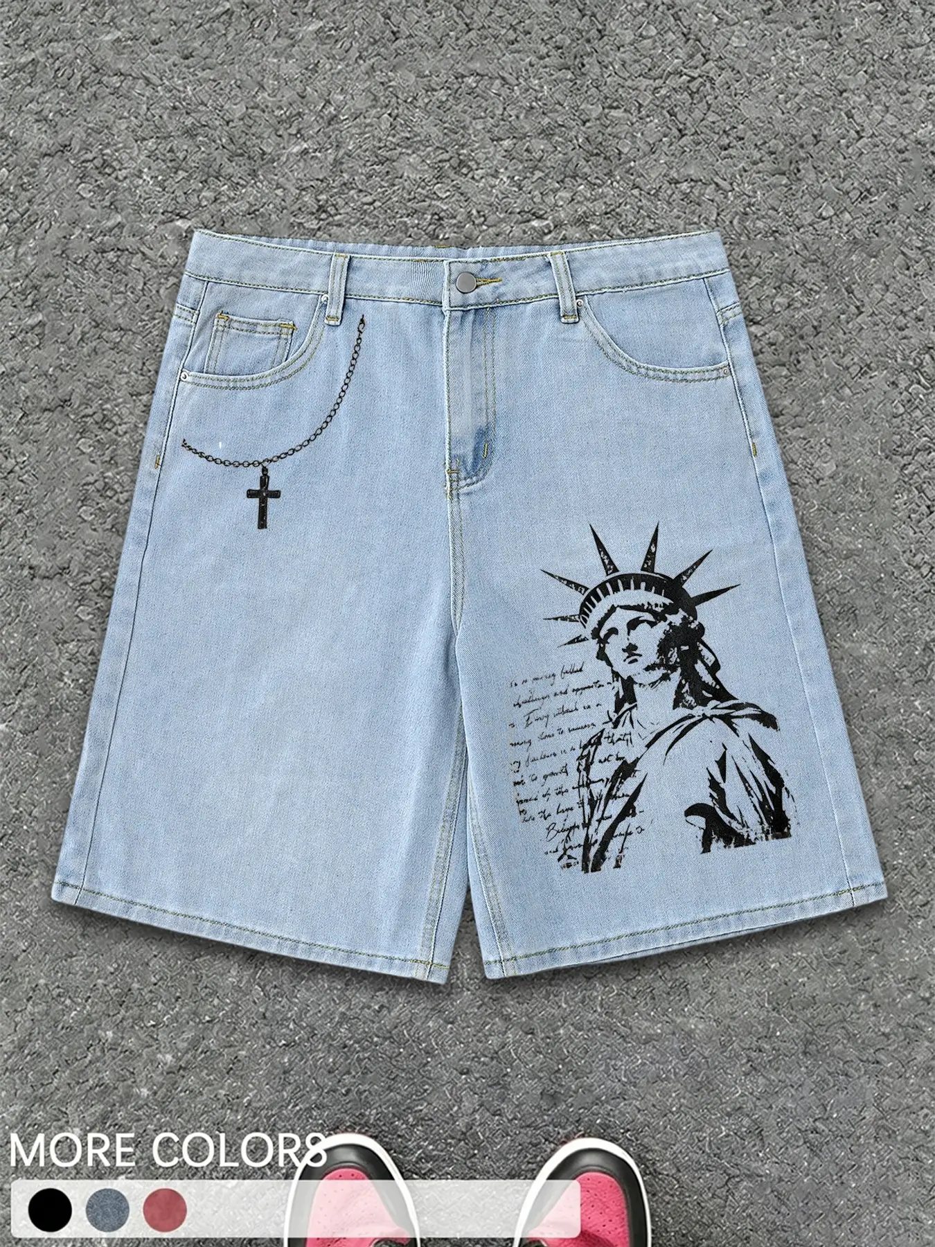 Men's Statue of Liberty Print Rhinestone Cross Chain Five-Quarter Jeans Shorts, American Vintage High Street Washed Straight Leg Pants, Menswear