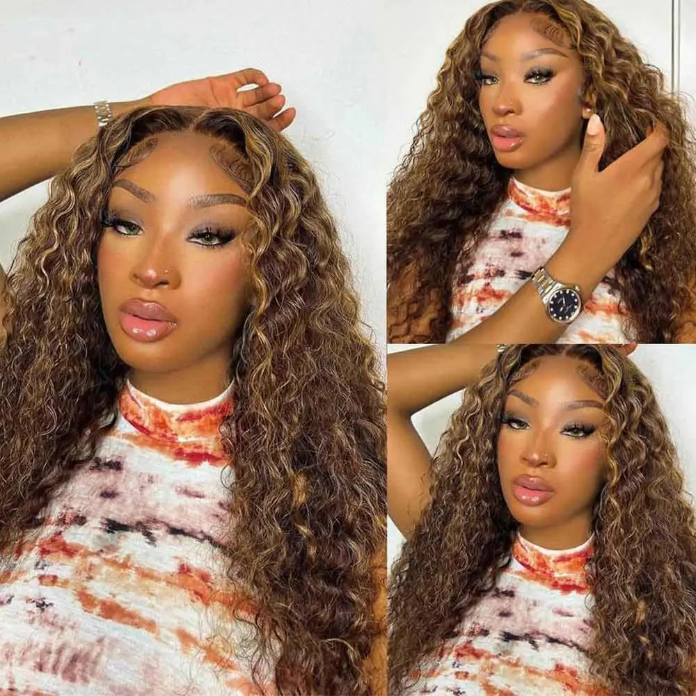 Piano-Colored African Tight-Curl Synthetic Fiber Full Head Lace Front Wig, Glueless Wig for African Look, Long Loose Body Wavy Style