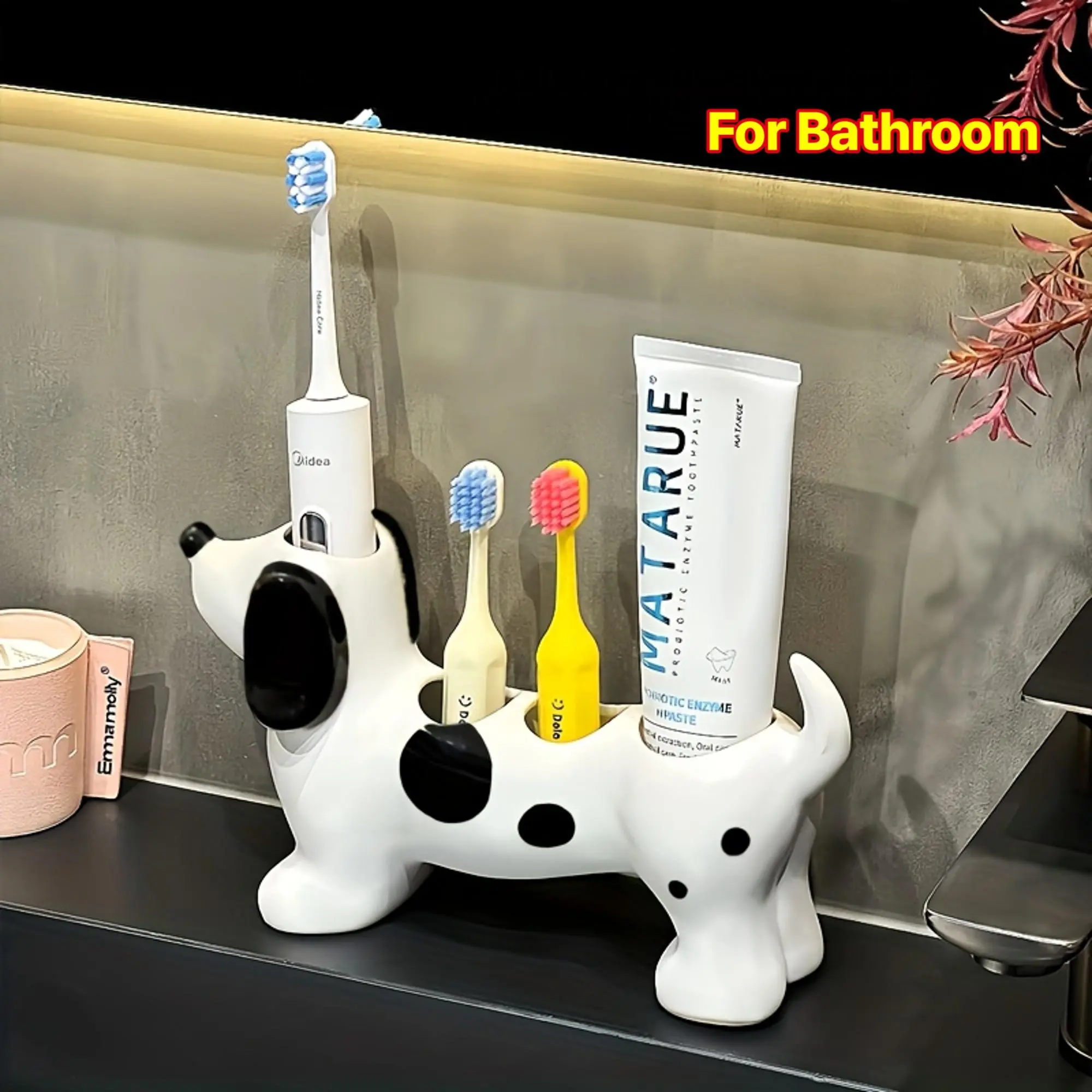 Creative and Whimsical Cartoon Animal Spotted Dachshund Couple Parent- Family Toothbrush Holder, Bathroom Vanity Toothbrush Storage Rack with Creative Base, Valentine's Day Gift Organizer, Compatible with Electric Toothbrushes, Stylish Toothbrush