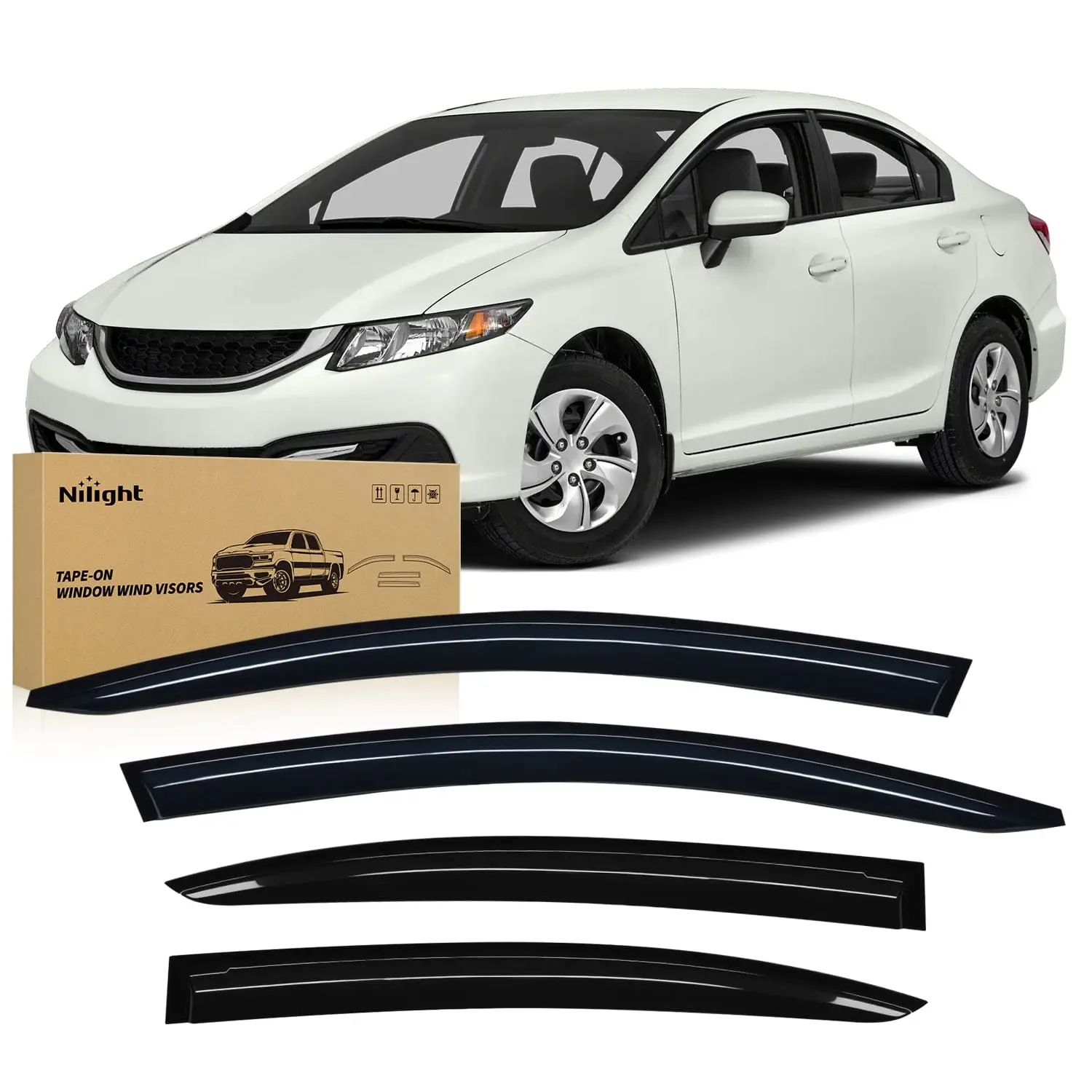 Nilight Tape-On Side Window Rain Guards & Wind Deflectors - Automotive Car Accessories, Visor Accessory for 2012-2015 Honda Civic Fit, Modified Acrylic Vent Visors with Rain Protection, Easy Tape Install Set of 4 Pcs