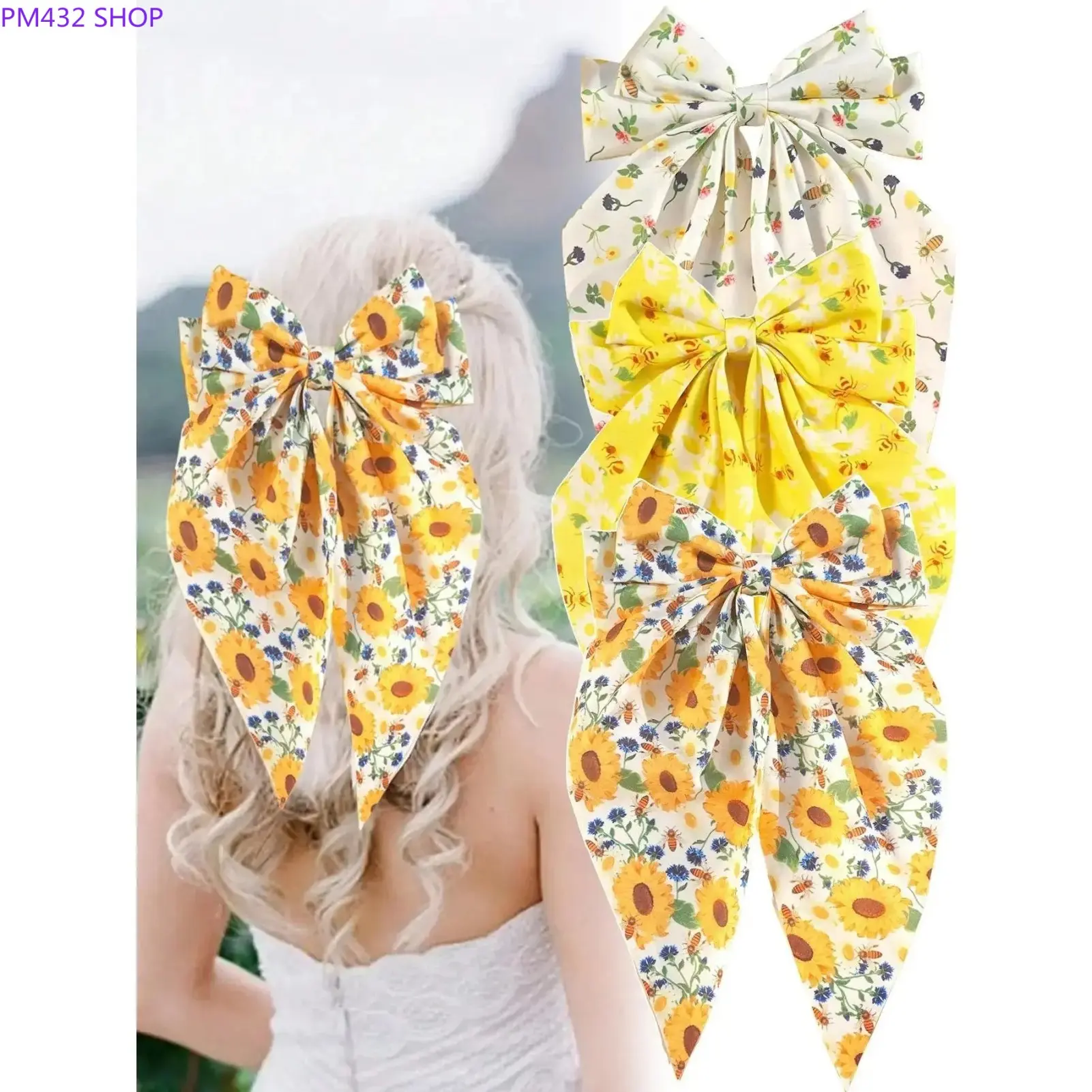 3-Pack Women’s Sunflower Bow Hair Clip Set, Cute Oversized Bowknot Hair Accessories for Daily Wear, Parties and Holidays