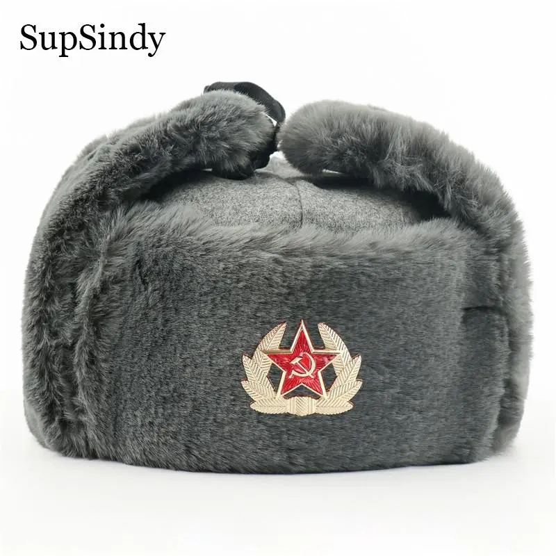 SupSindy Soviet Badge Ushanka Men Winter Bomber Hats CCCP Pilot Faux Rabbit Fur Earflap Army Trapper Trooper Hat Russia Snow Cap
