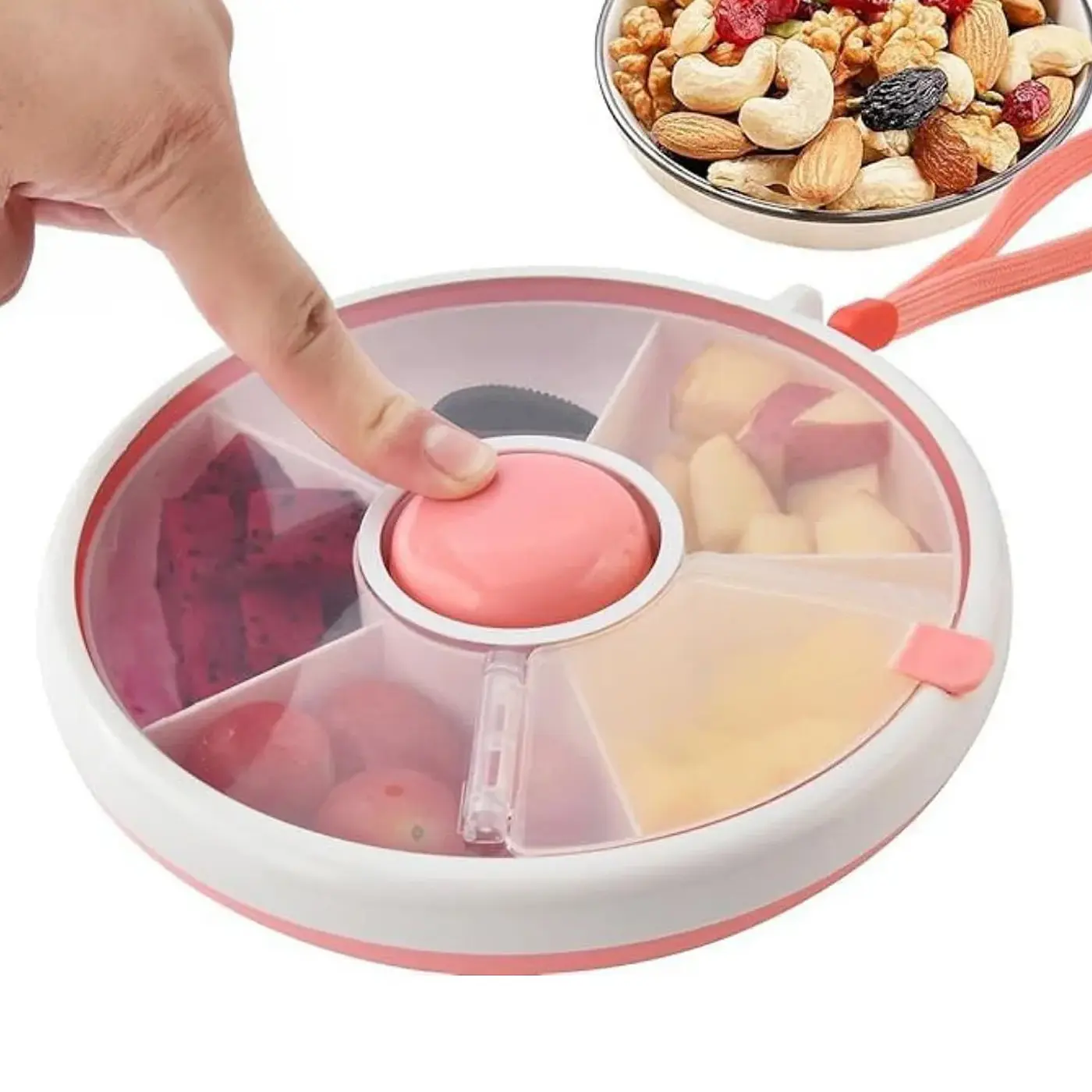 Anti-Spill Rotating Snack Box, 5-Grid Food Distributor with Lid, Multi Compartment Container, Press & Rotate Reusable, Dustproof Moisture-Proof, BPA-Free Travel Essential, Portable Container, Kitchen Food Storage, Food Storage Containers