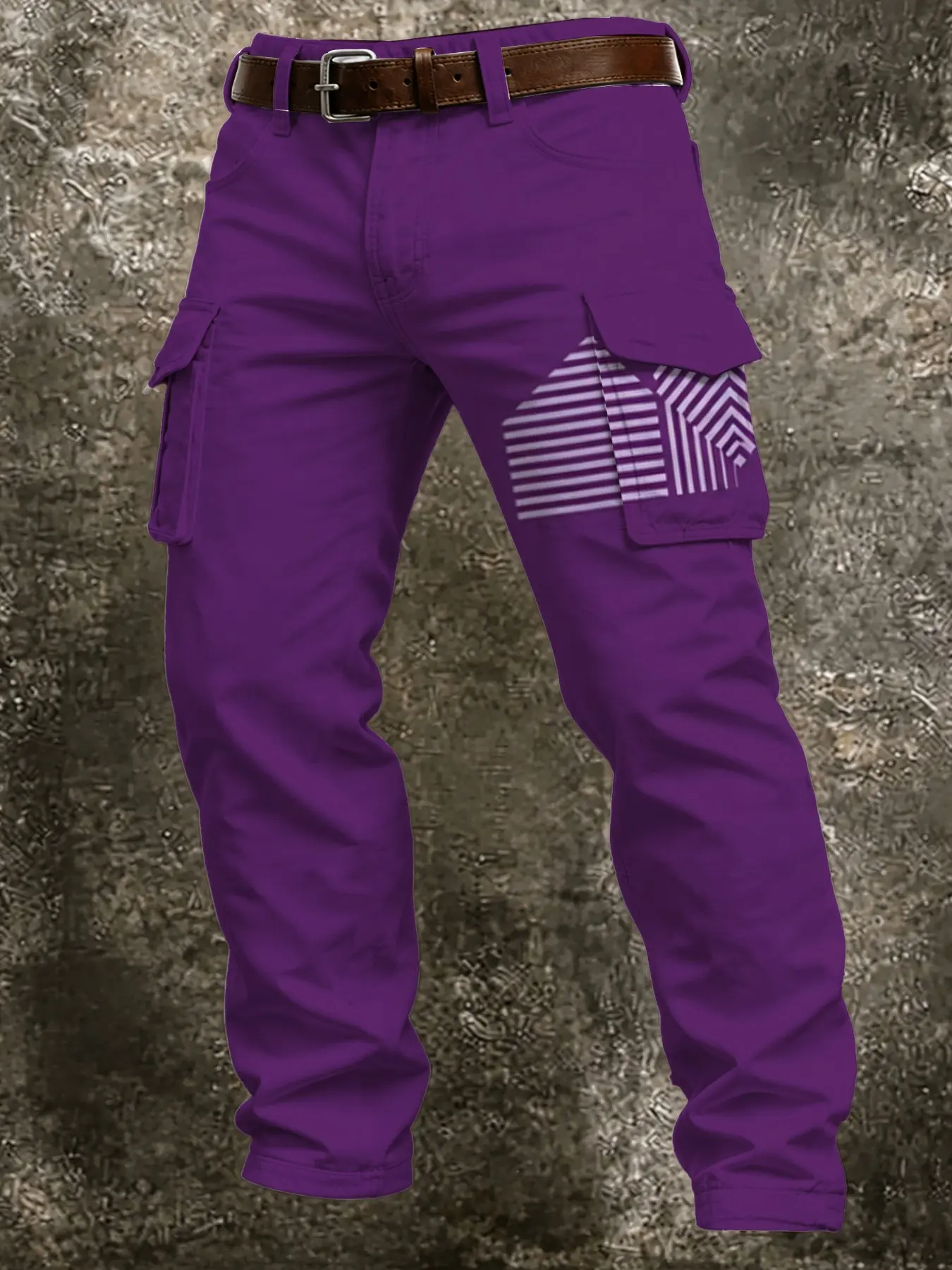 Men's Geometric Stripe Cargo Pants, Multi-Pocket Straight Leg Casual Long Trousers, American Streetwear Fashion Male Pants