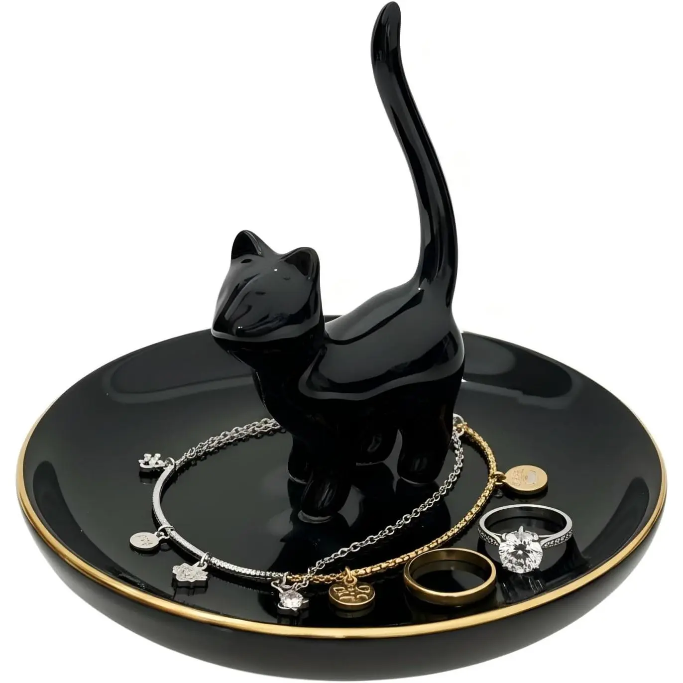 Cat Ring Holder Trinket Tray Ceramic Jewelry Dish Porcelain Ring Organizer–Gift for Women,Girlfriend,Wife,Birthday or Anniversary (Black)