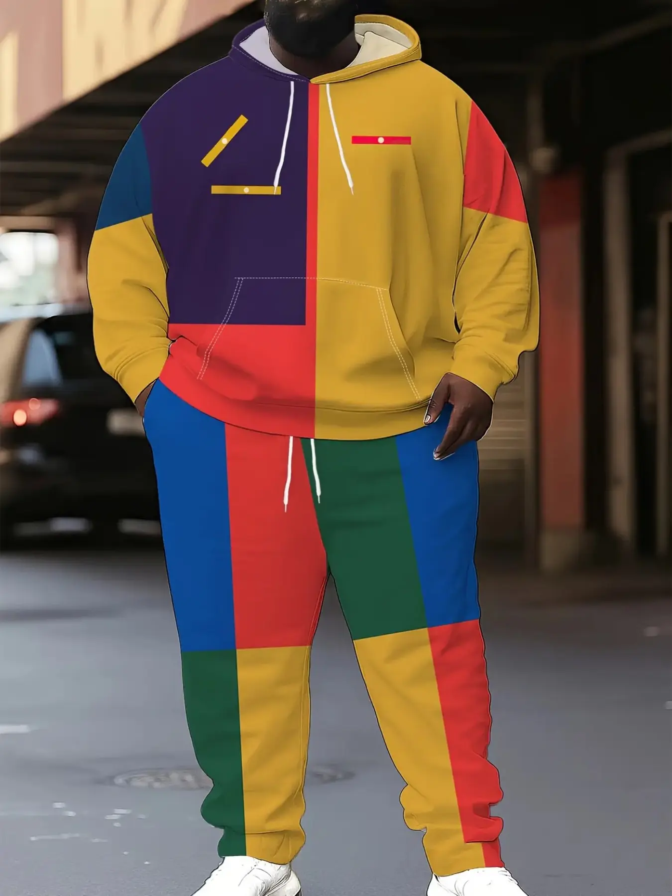 Men's 2-Piece Plus Size Colorblock Square Patchwork 3D Full Print Hoodie Set, Drawstring Ankle Pants, Casual Sporty Style, Hooded Tracksuit Set