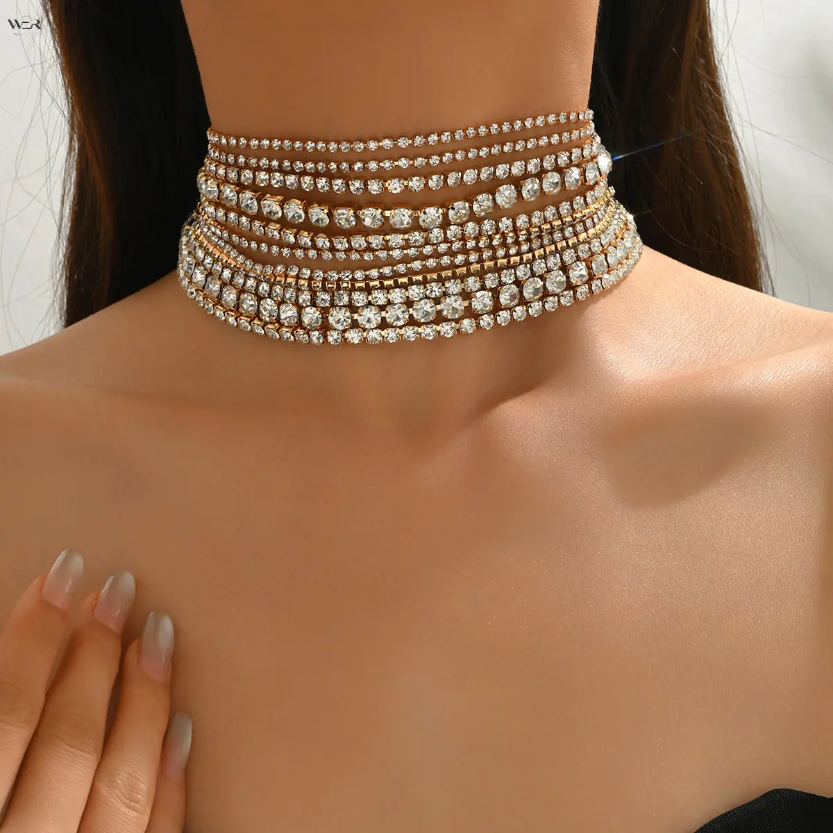 Gold Tone Multi Layer Rhinestone Choker Necklace Sparkling Crystal Collar Statement Adjustable Chain Extender Bold Glamorous Daily Wear Special Occasion Perfect Gift Women Girls Fashion Jewelry Accessory