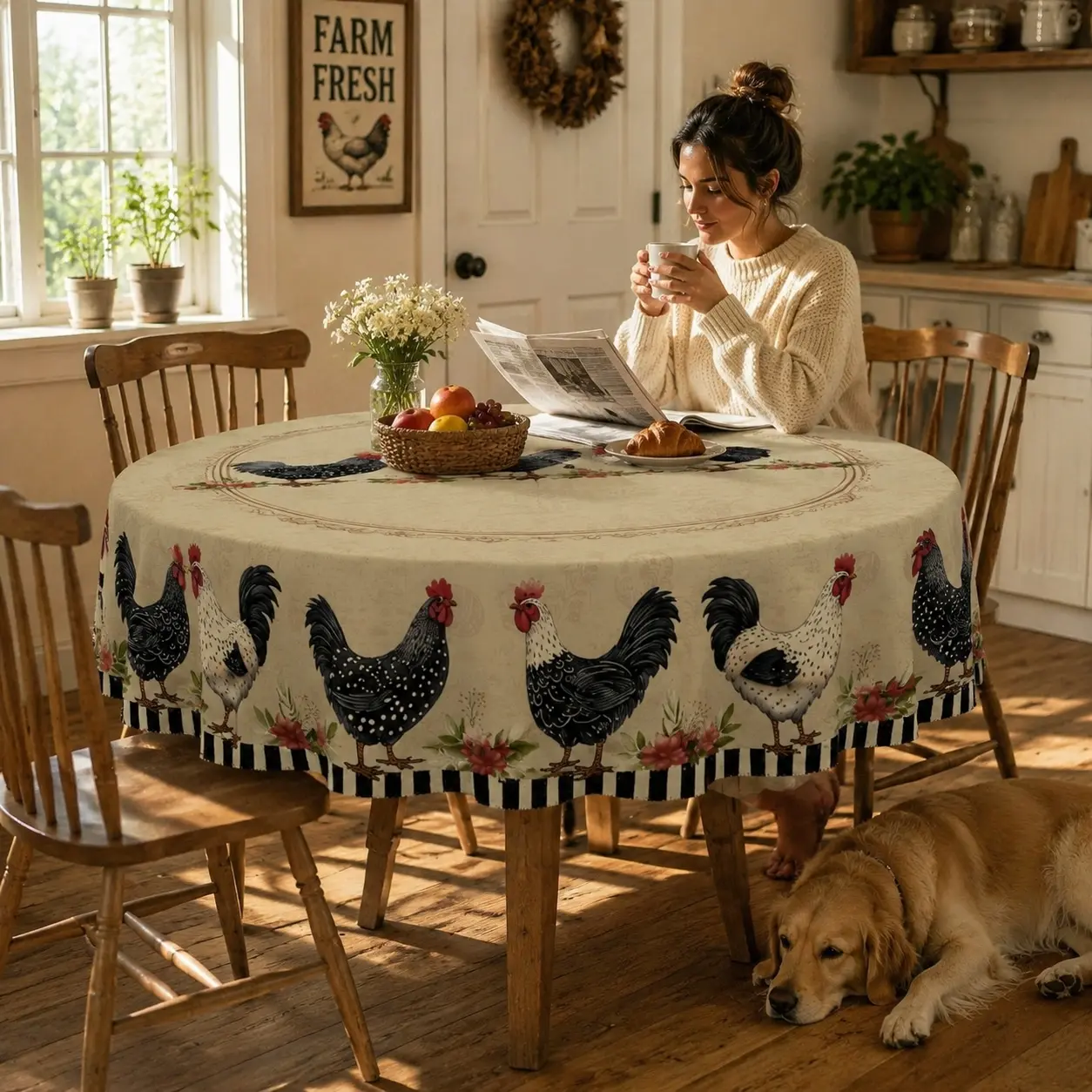 Black and White Glam Rooster Animal Design Floral Decorative Polyester Dining Room Tablecloth - Farmhouse Style Rectangle Tablecover for Indoor Home Kitchen Supplies