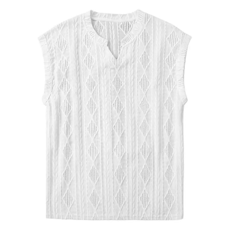 Men's V-Neck Cable-Knit Vest, Elegant Sleeveless Sweater with Hollow Weave and Lace Trim, Lightweight Breathable Polyester for Summer Layering, Fathersday, Casual
