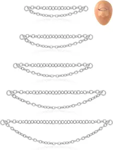 5Pcs Nose Chain Piercing Stainless Steel Across Top Nose Rings Chain Heart Double Nostril Bridge Jewelry for Women Men Silver Plated 32/35/40/45/50mm