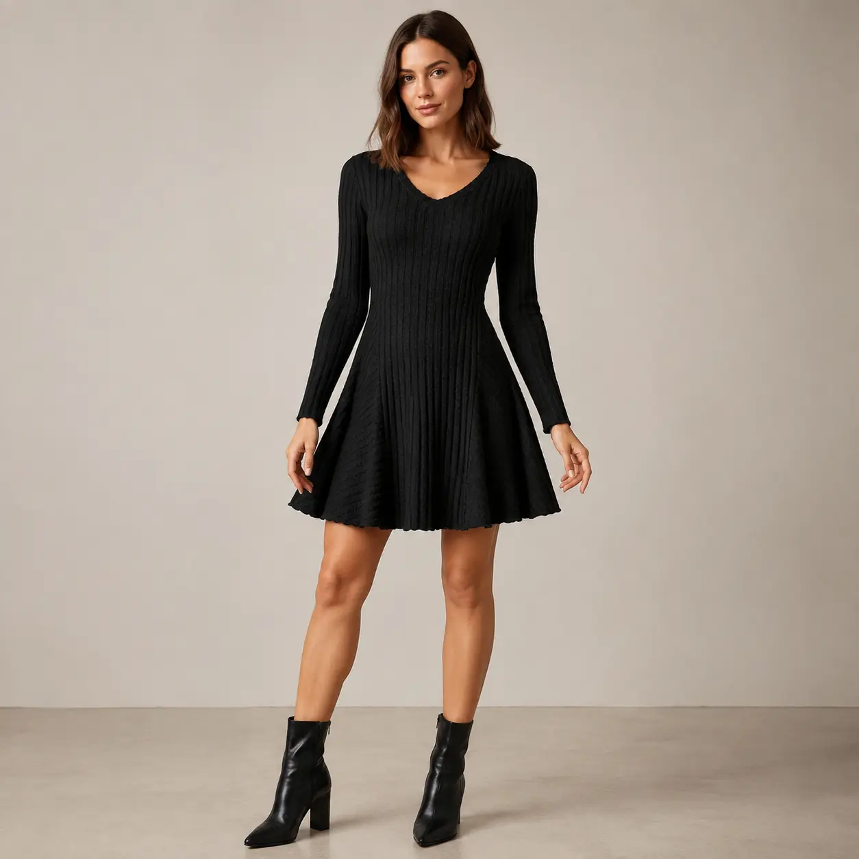 Women’s Black Ribbed Knit Mini Dress, Long Sleeve V Neck Fit and Flare A Line Swing Dress, Solid Color Defined Waist Casual Party Date Night Holiday Fall Winter Outfit for Women, Sizes S–3XL